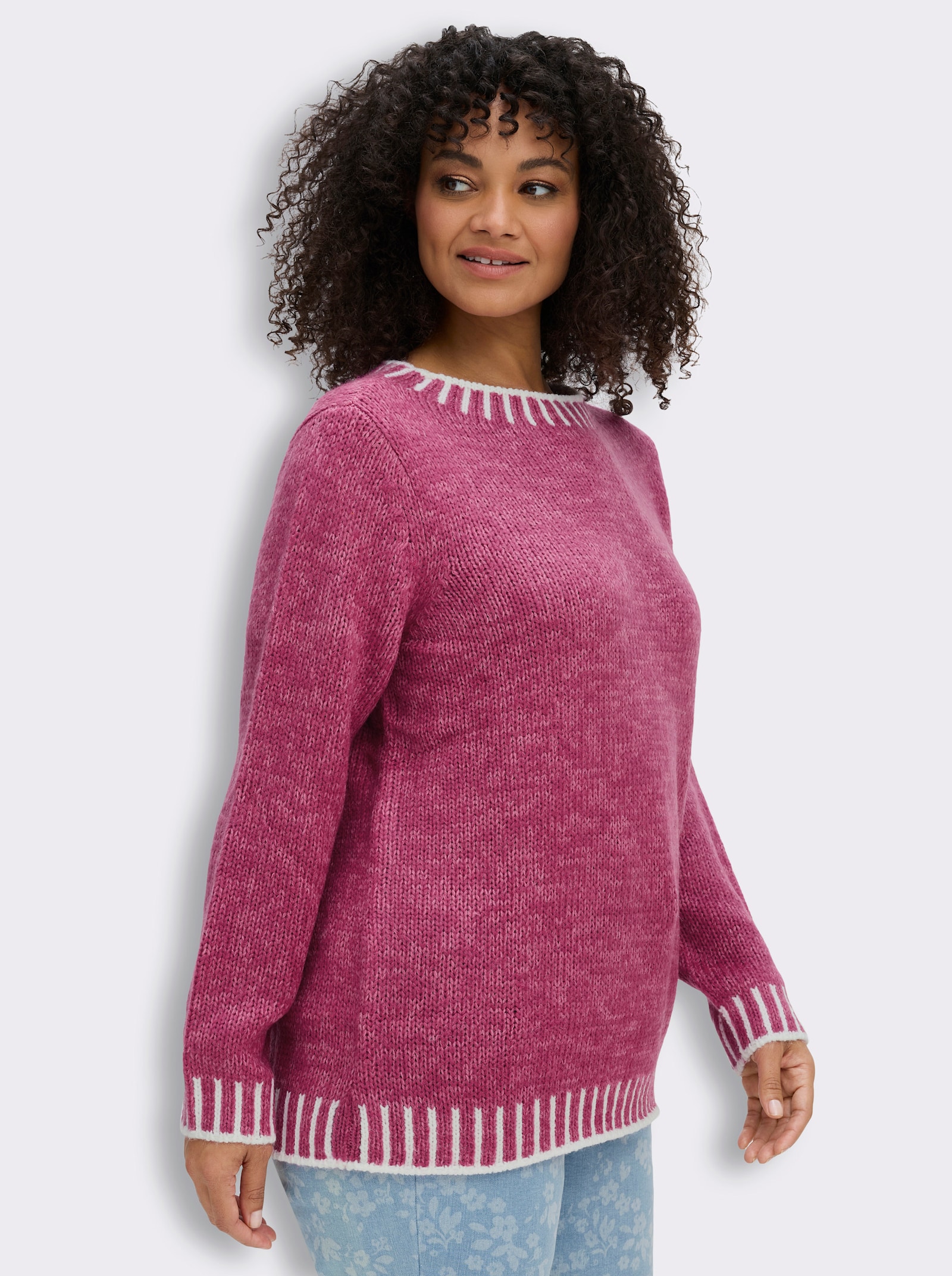 Langarm-Pullover mit effektvollen Kontrasten - magenta-ecru-gemustert
