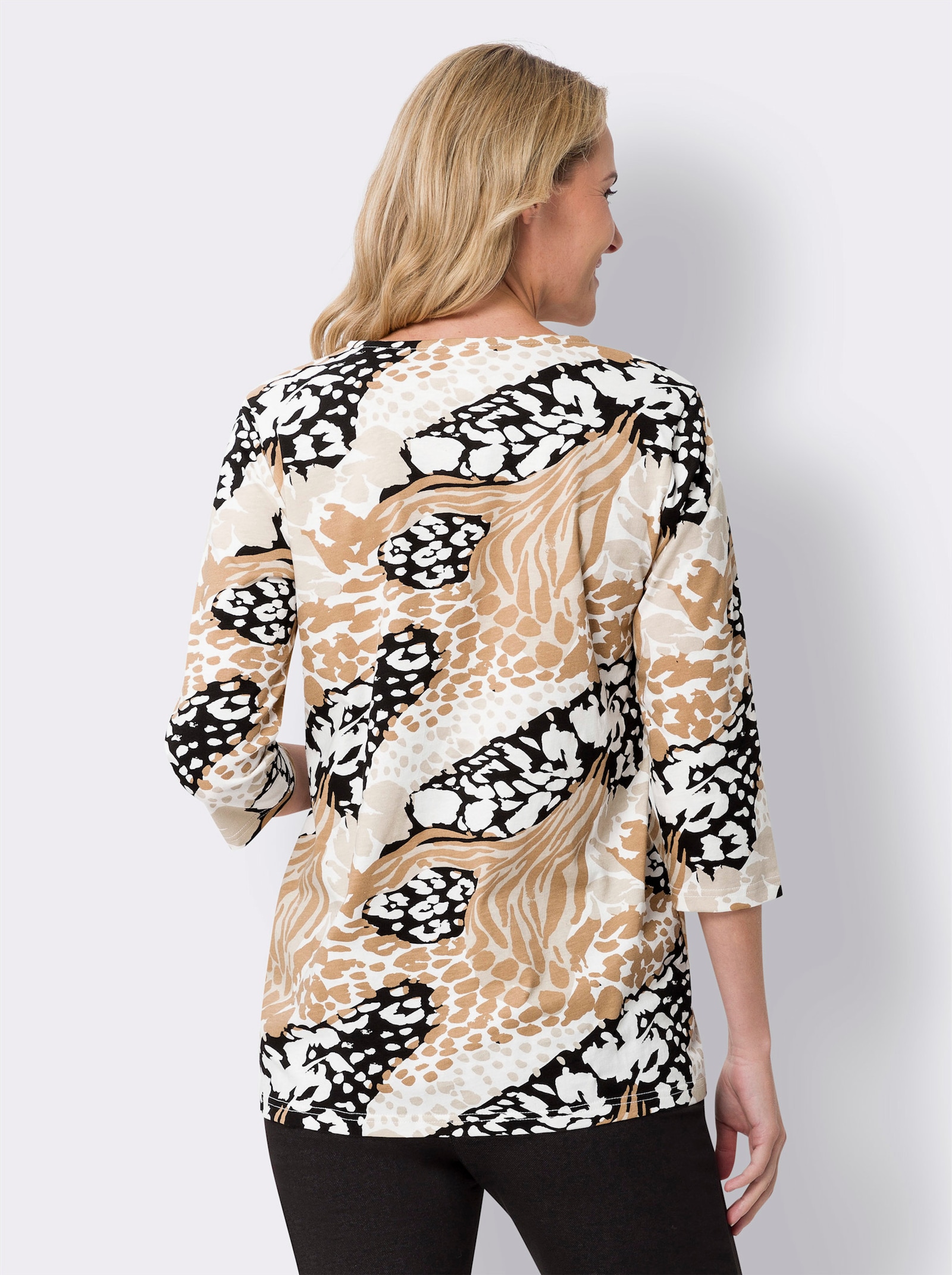 Shirt met ronde hals in A-lijn, bedrukt - zand/zwart bedrukt