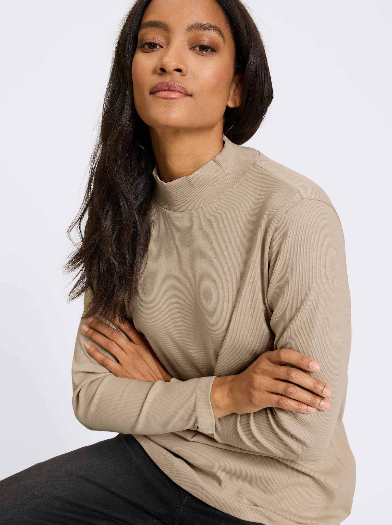 heine Stehkragenshirt in Feinripp-Qualität - beige