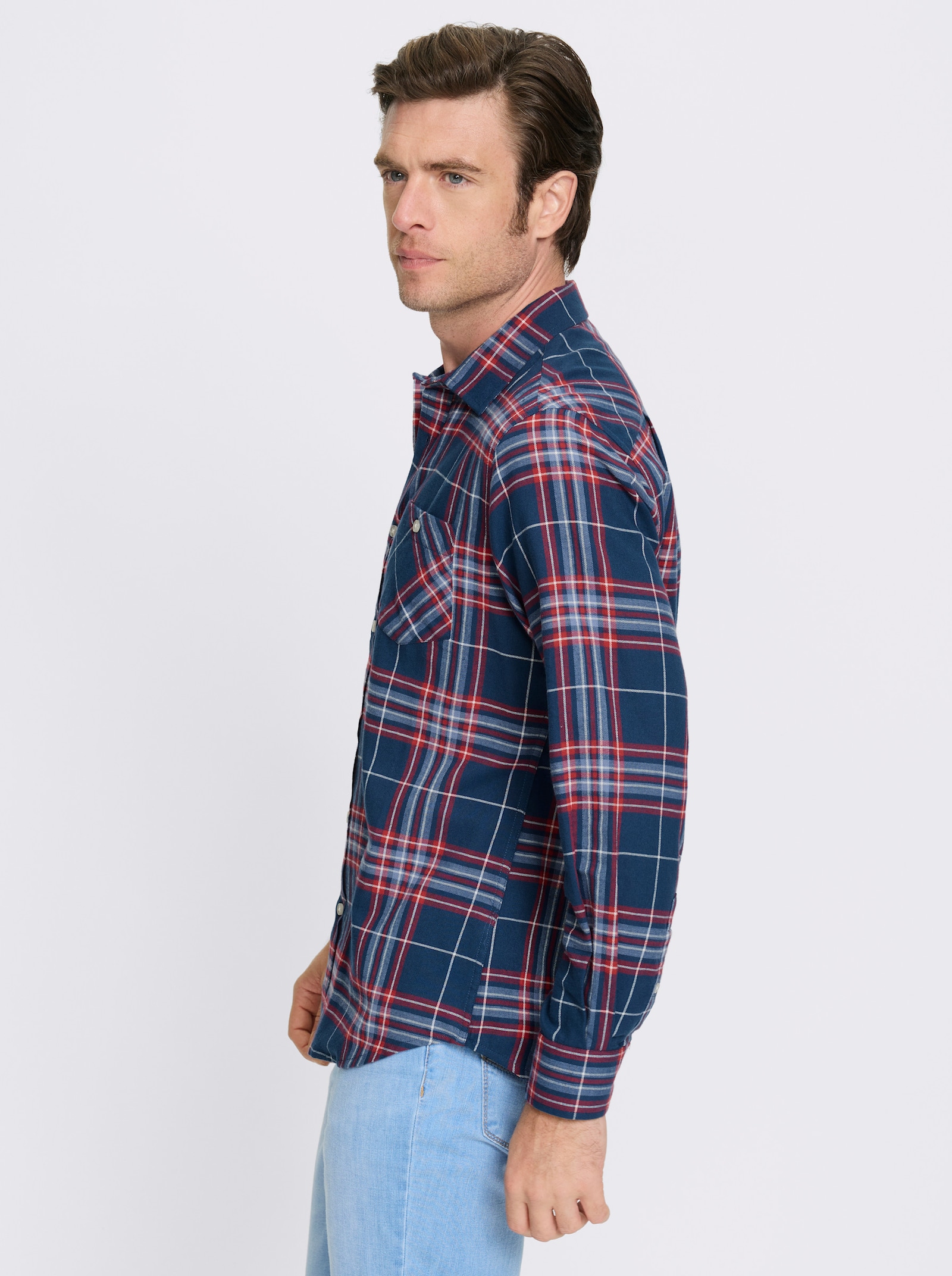 Catamaran Langarmhemd aus Baumwoll-Flanell - dunkelblau-erdbeere-kariert