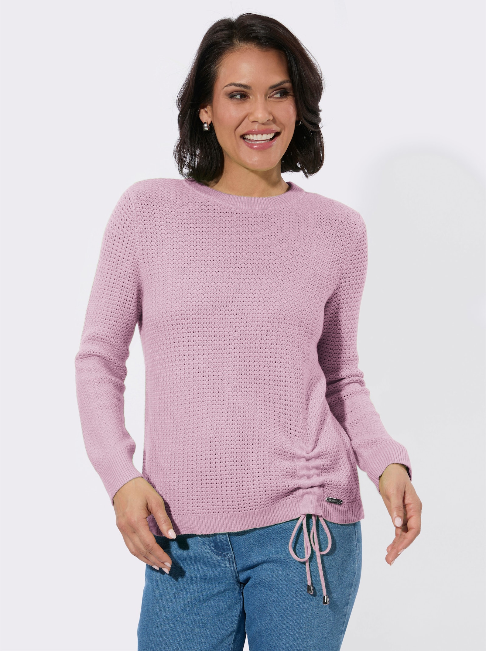 Rundhalspullover mit Schnürung am Saum - rosé