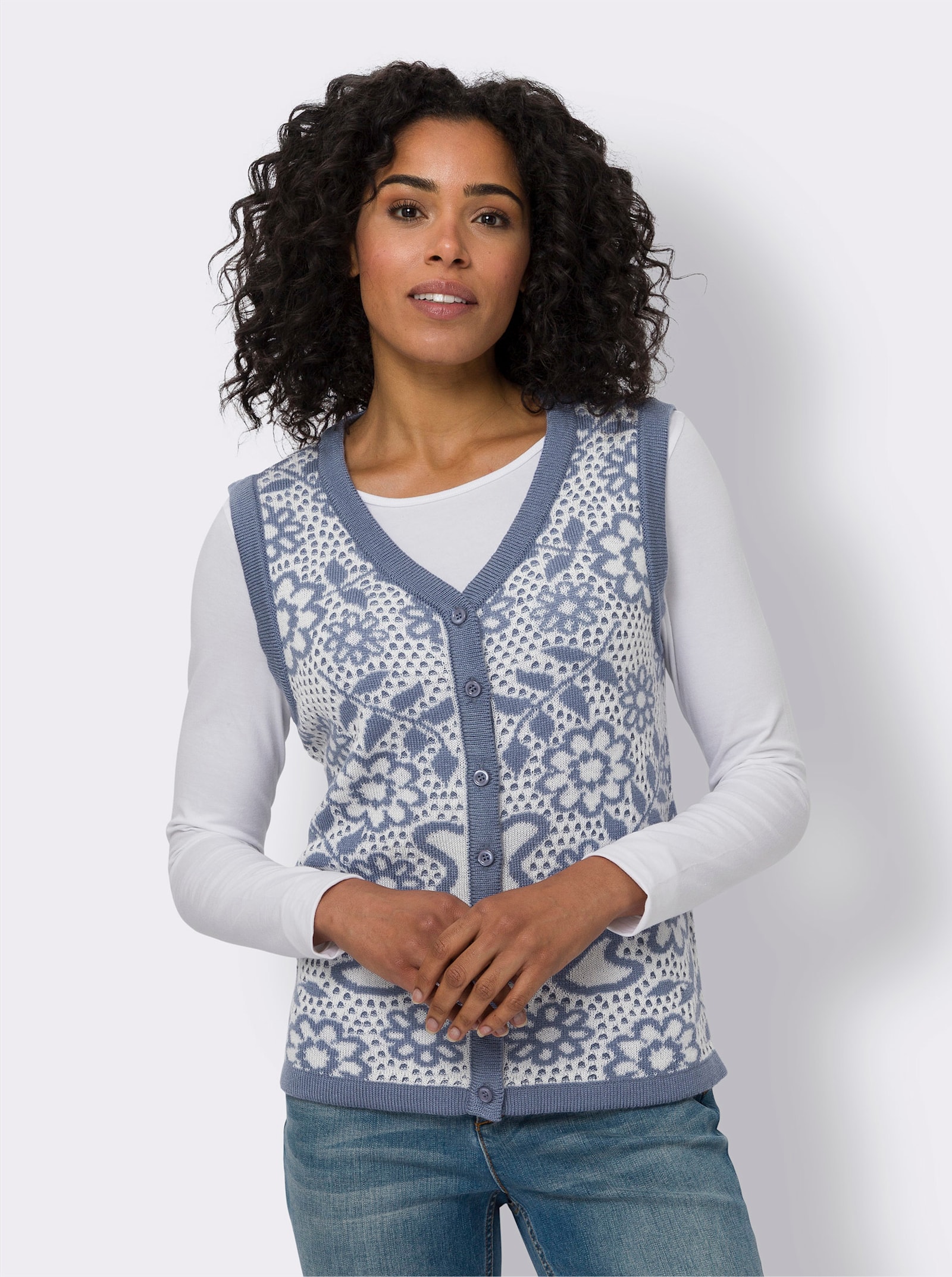 Pletená vesta s květinovým vzorem, žakár - ecru-holubí modrá-vzor