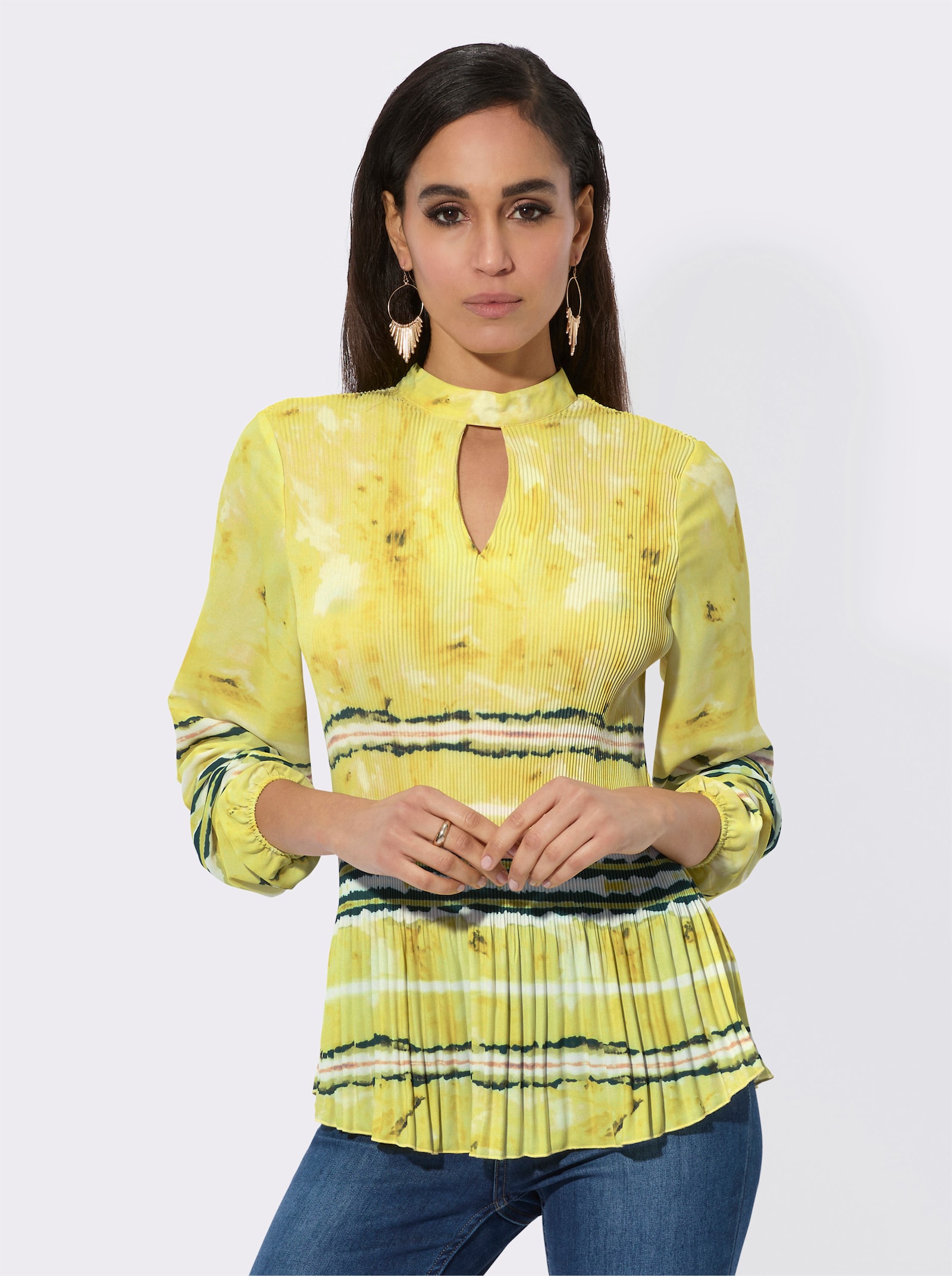 Plissee-Bluse mit Knopfverschluss hinten - limone-ecru-bedruckt