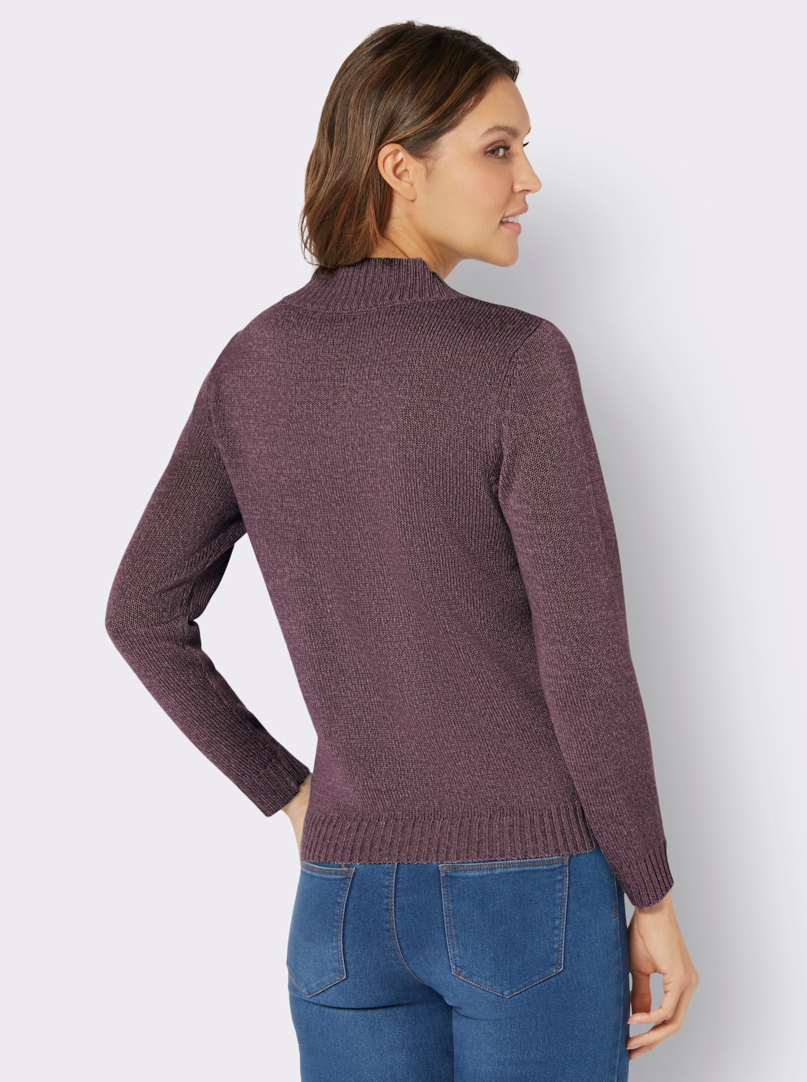 Langarm-Pullover mit V-Ausschnitt - burgund-mauve-meliert
