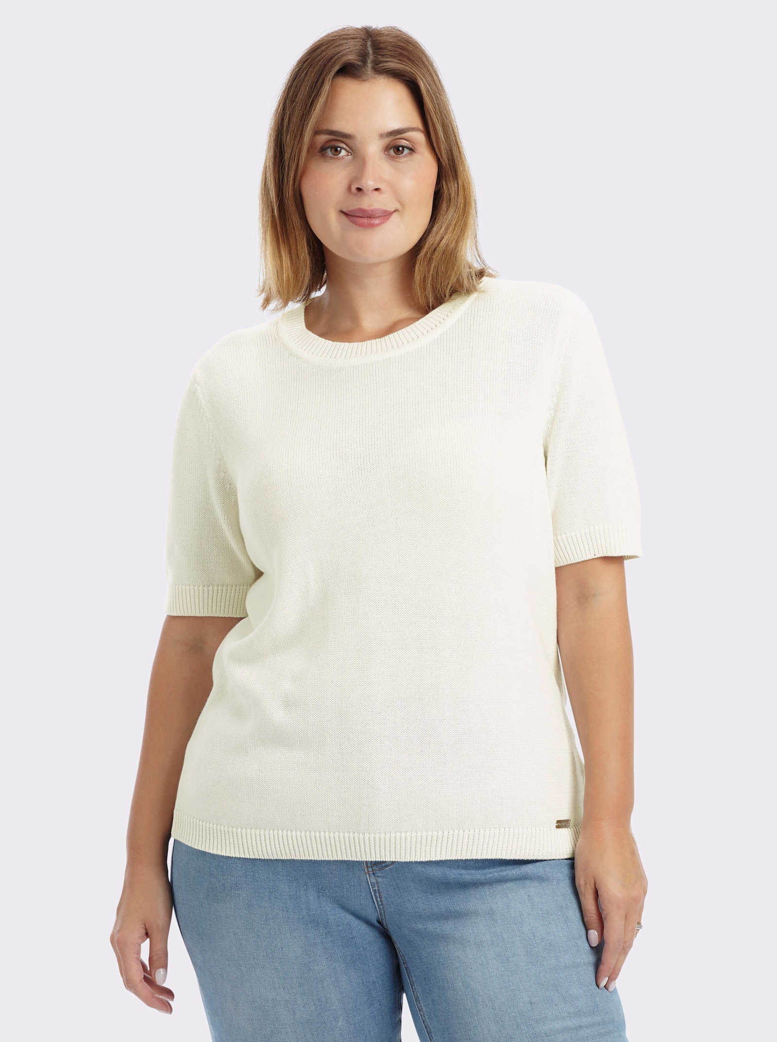 Kurzarmpullover mit Rippabschlüssen - wollweiß