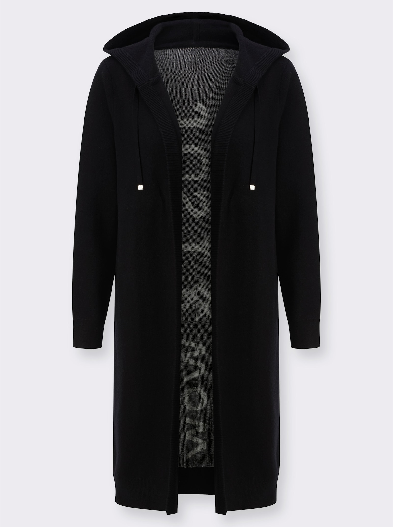 Longstrickjacke mit Kapuze - schwarz-ecru