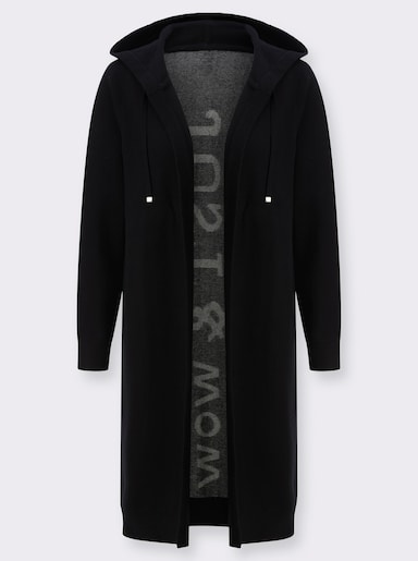 Longstrickjacke mit Kapuze - schwarz-ecru