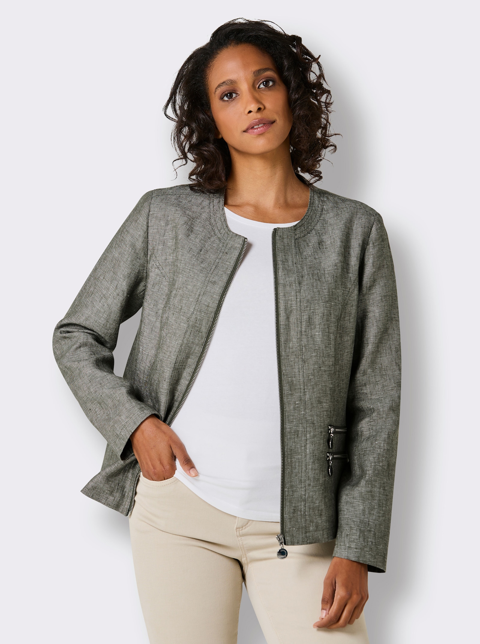 CREATION L PREMIUM Leinenblazer mit Reißverschluss-Taschen - khaki-weiß-meliert