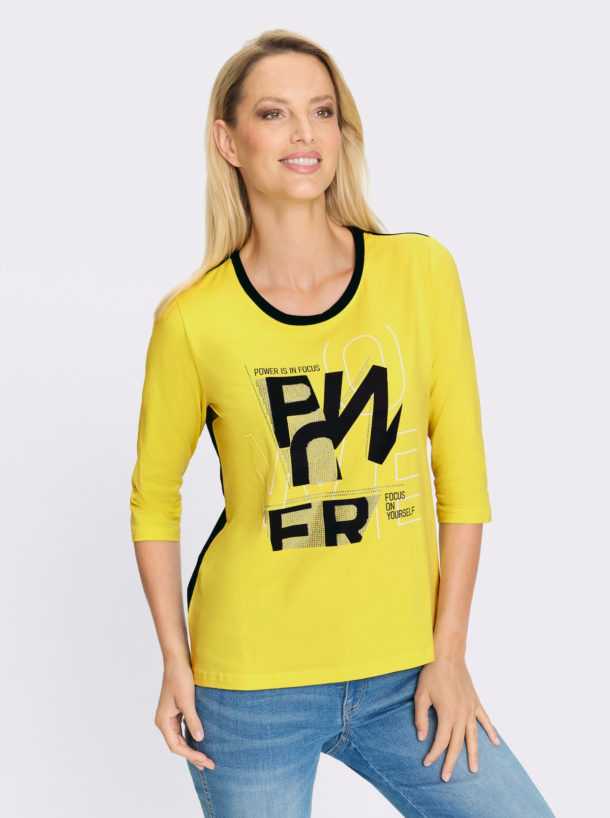 heine Rundhalsshirt - limone-schwarz-bedruckt
