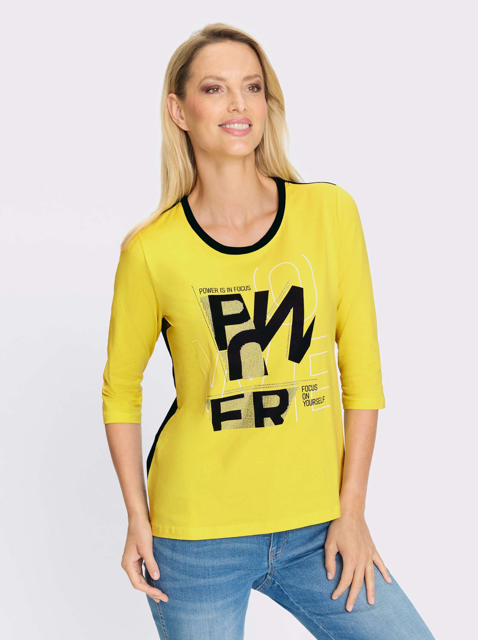 heine Rundhalsshirt mit Glitzernden Steinchen - limone-schwarz-bedruckt