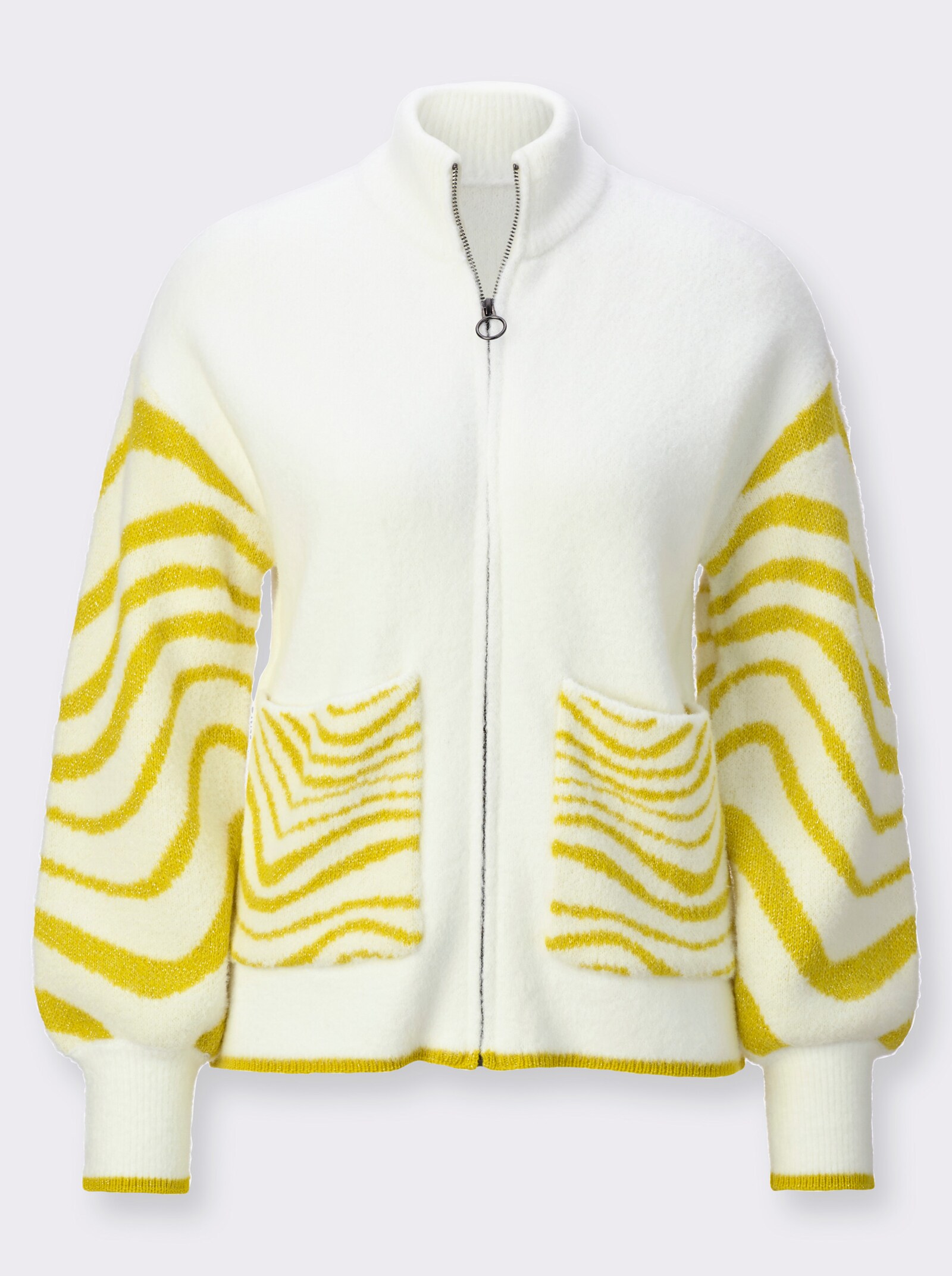 Jacquardstrickjacke in kurzer Form - ecru-limone-gemustert