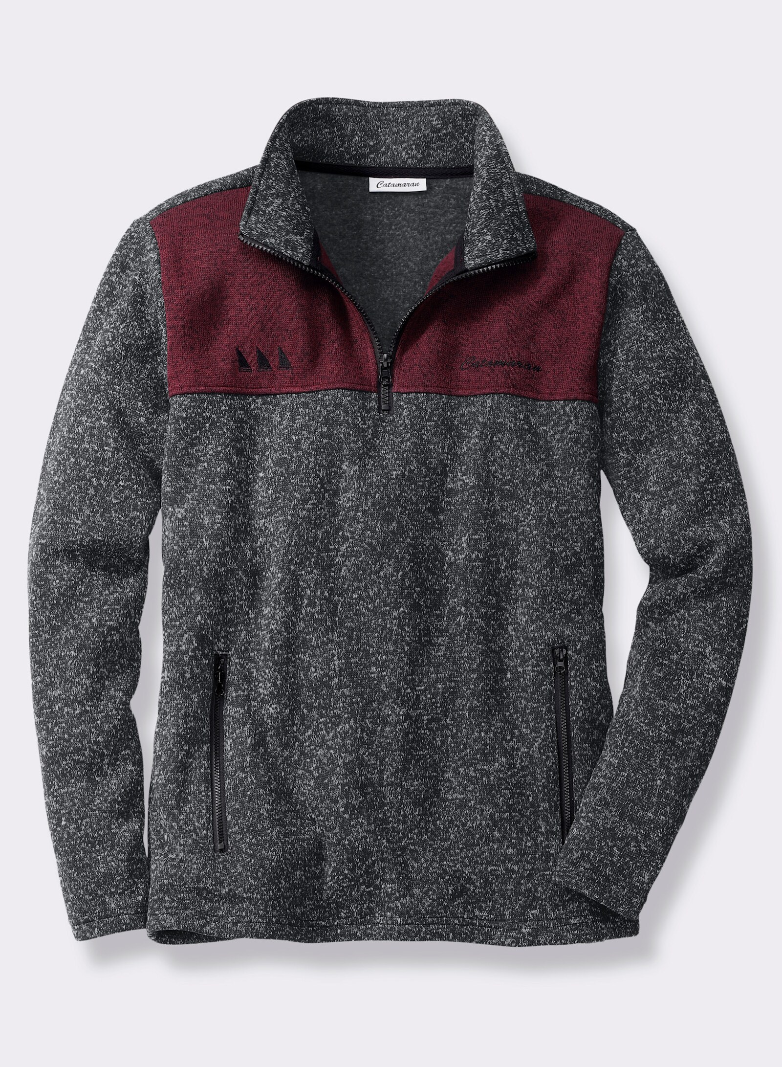 Catamaran Strickfleece-Pullover mit Stickerei - schwarz-bordeaux-meliert