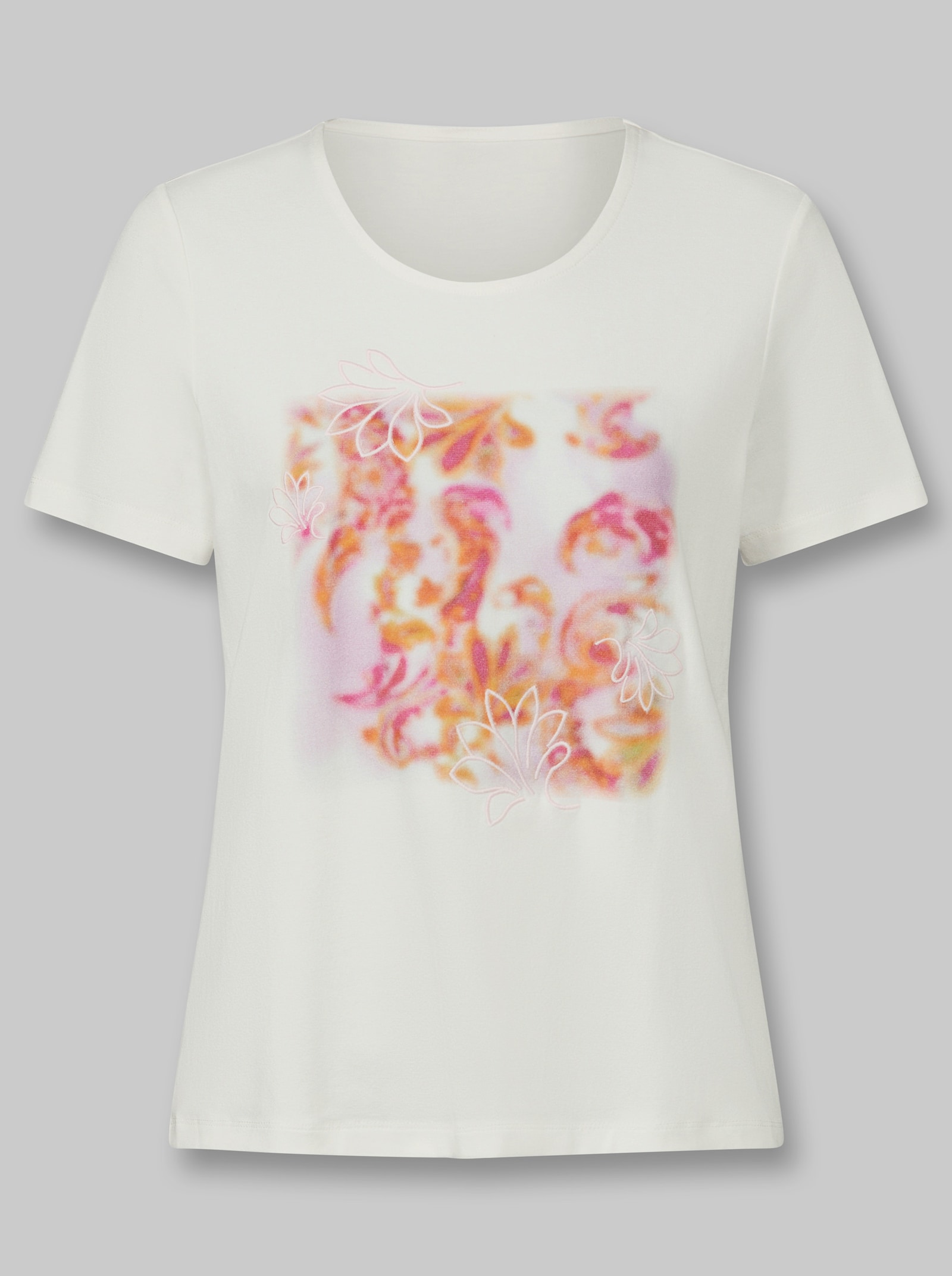 heine Kurzarmshirt mit floraler Stickerei - ecru-hellrosé-bedruckt