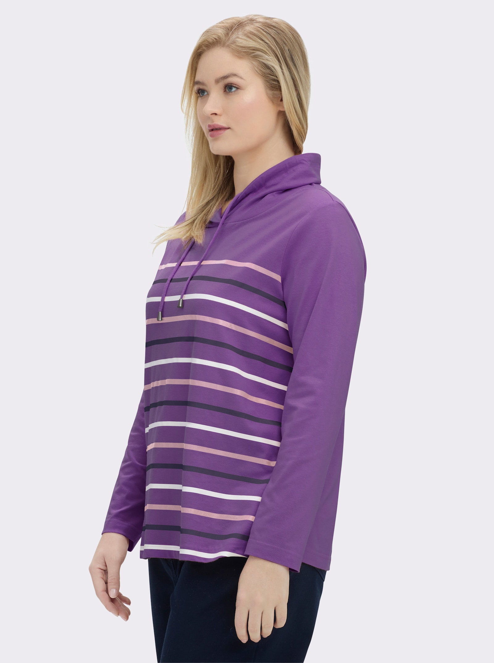 Stehkragenshirt mit Tunnelzug - lila-geringelt