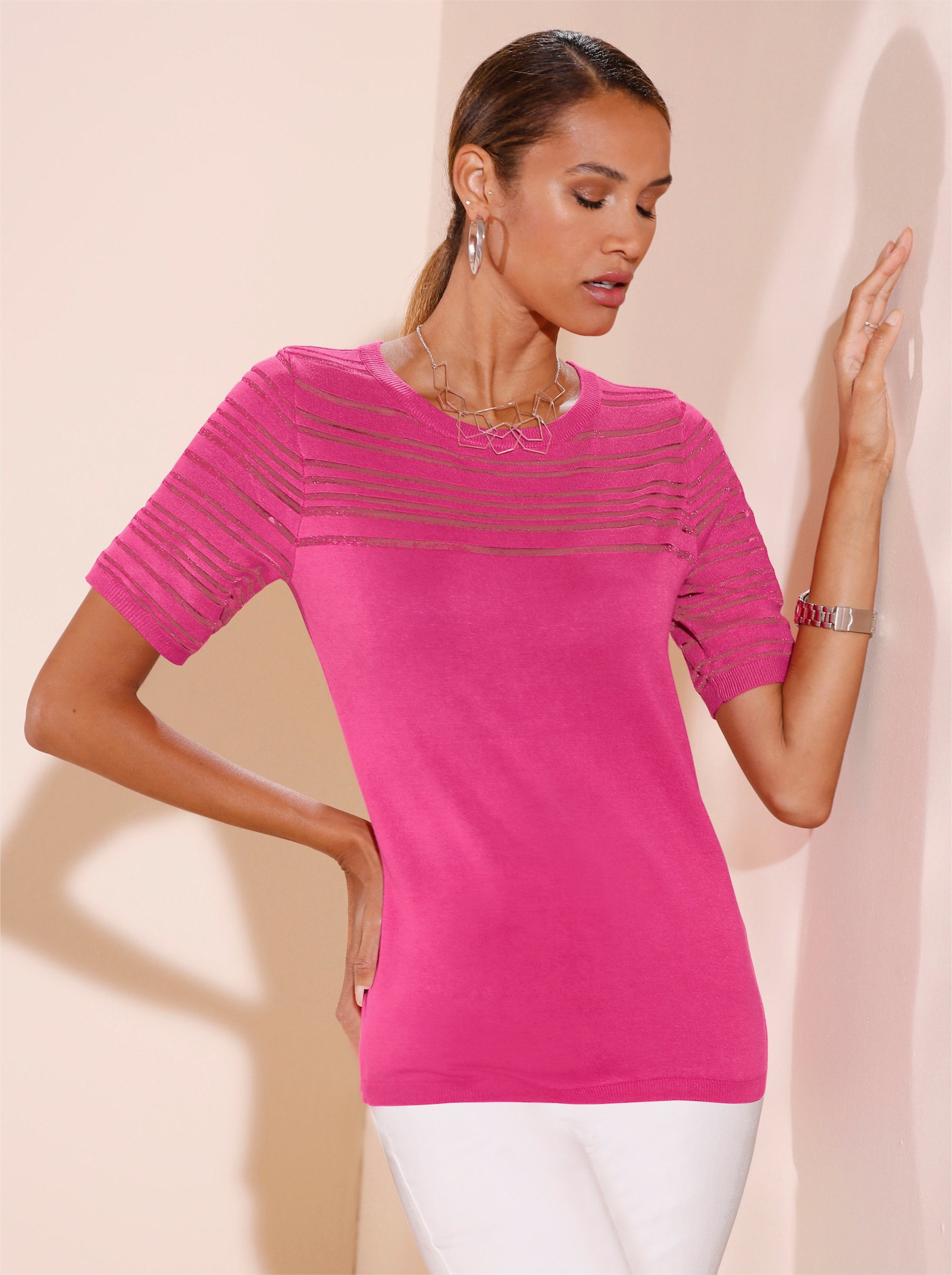 Kurzarmpullover in luftiger Lyocell-Mix-Qualität - fuchsia