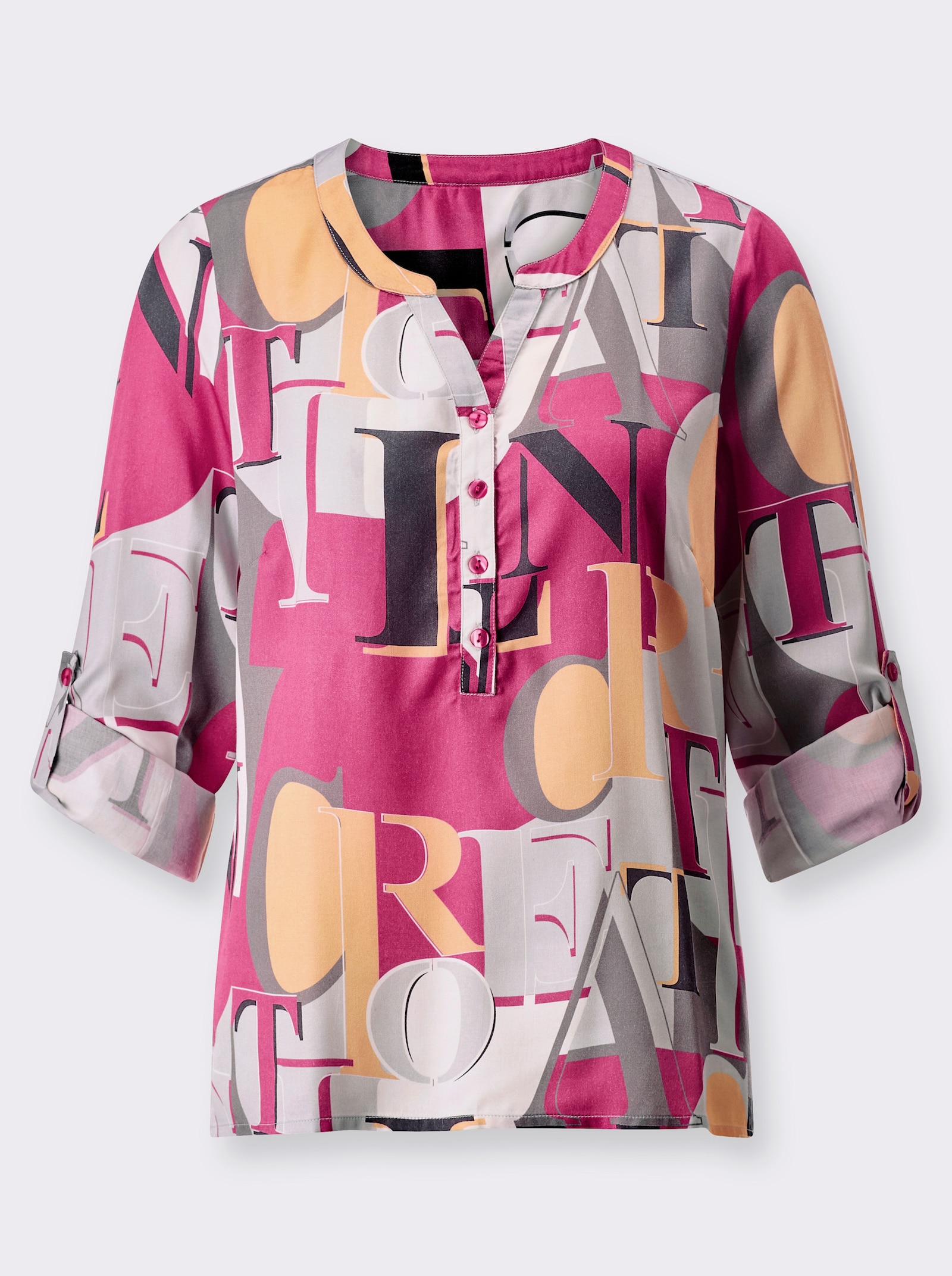 Schlupfbluse mit Krempelärmel - fuchsia-hellgrau-bedruckt
