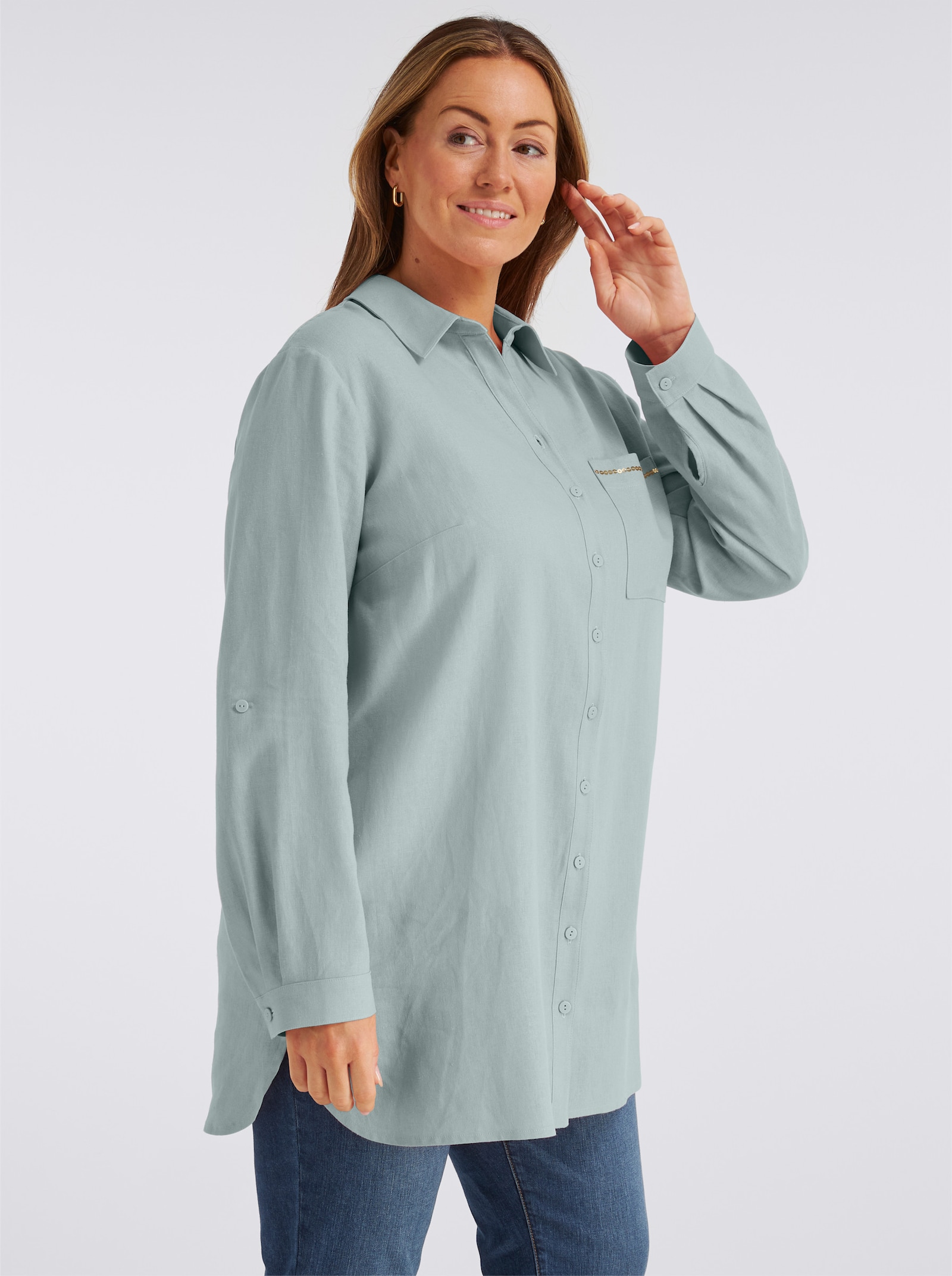 sheego Leinenbluse mit Pailletten an der Brusttasche - kalkmint