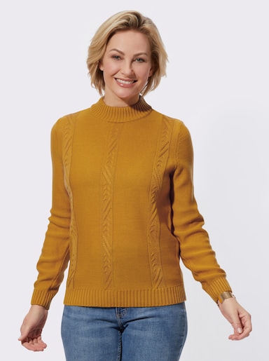 Stehkragenpullover mit Zopfmuster - ocker