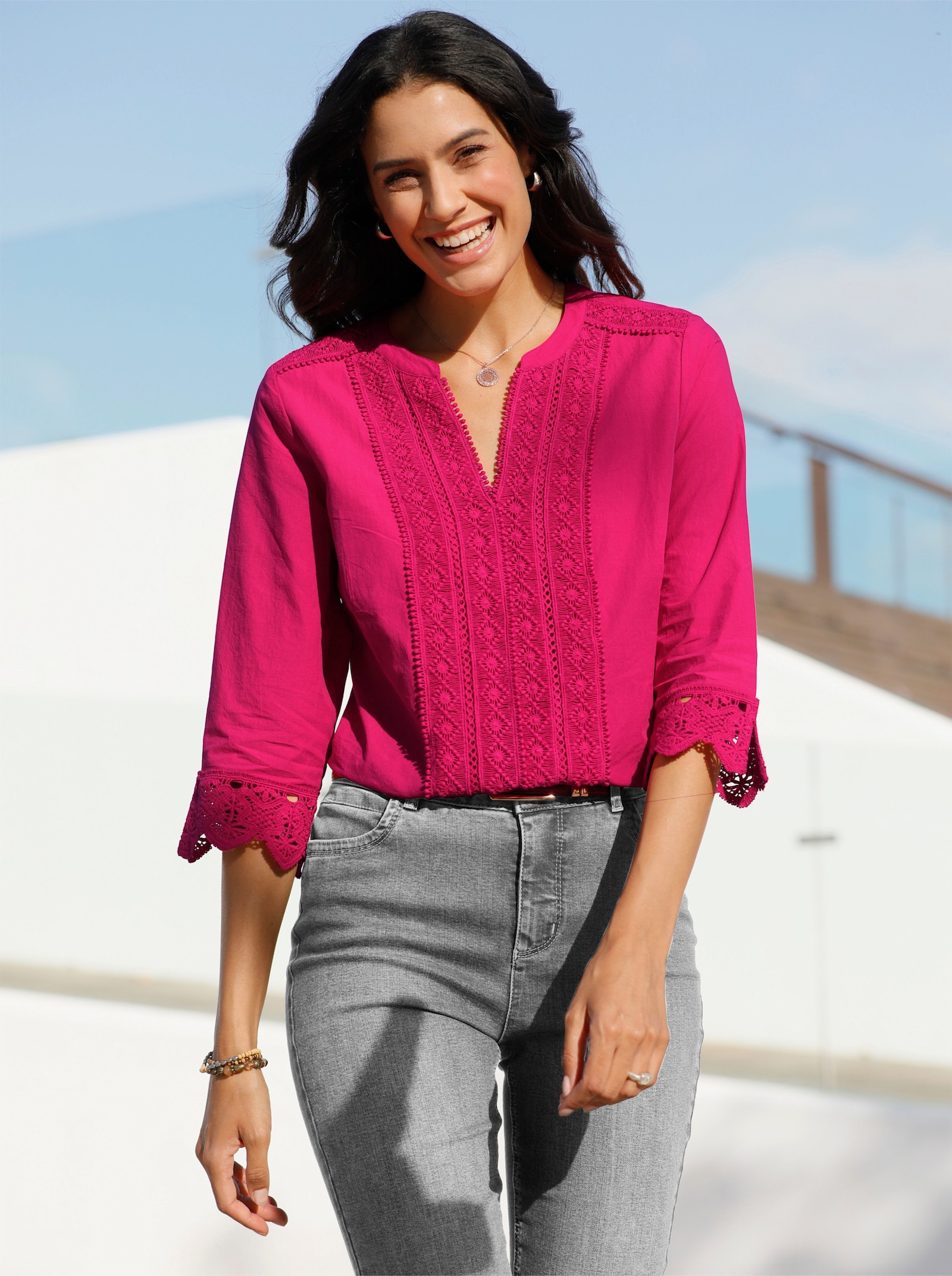 Comfortabele blouse met kant - pink