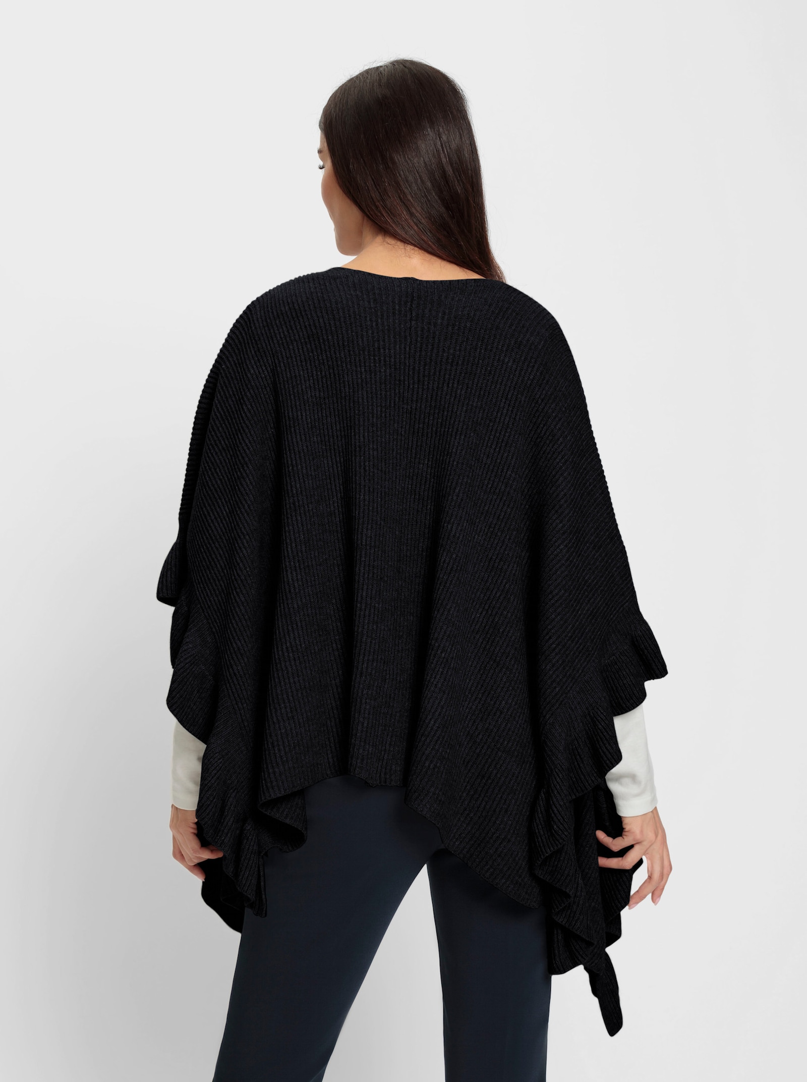 heine Gebreide poncho met volants - zwart