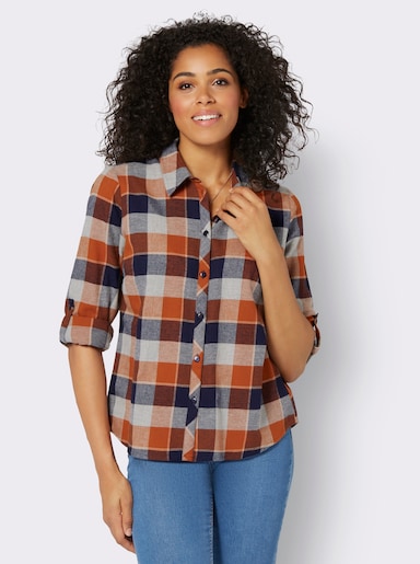 Flanell-Bluse - cognac-marine-kariert