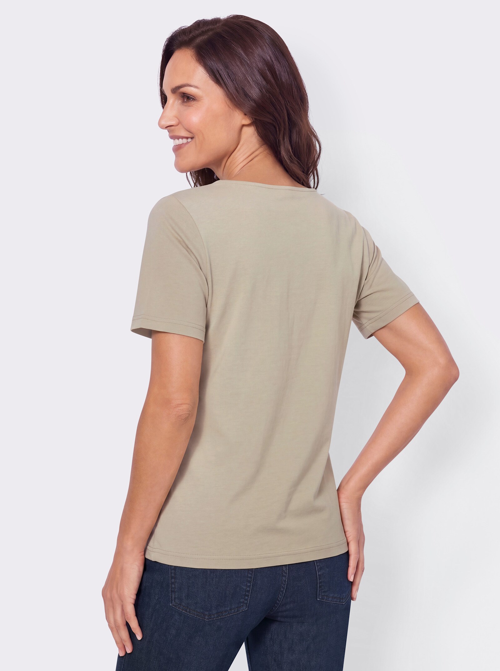 V-Shirt mit Spitzenbordüre - sand