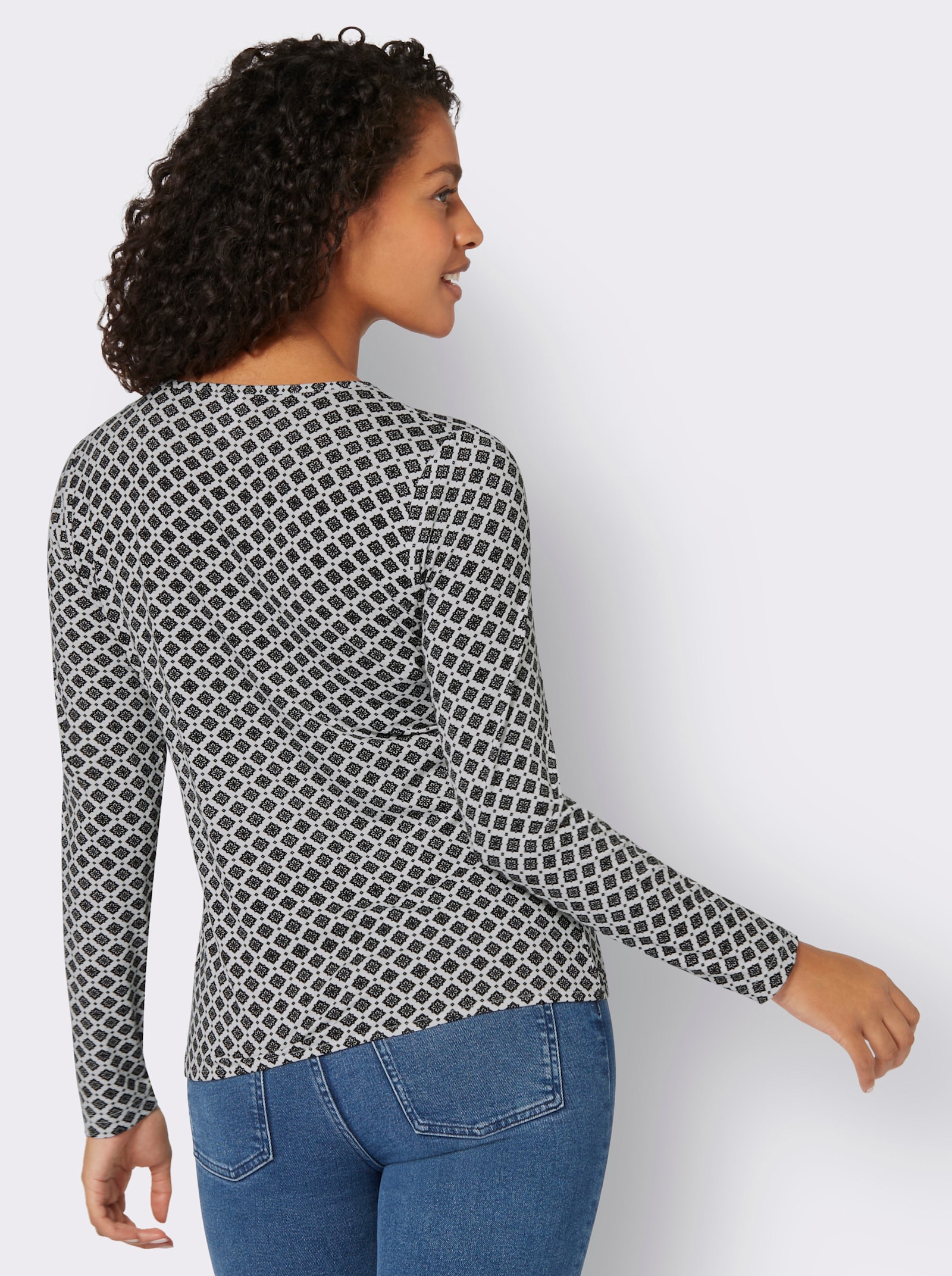 Shirt met lange mouwen en sierknoopsluiting - ecru/zwart geprint