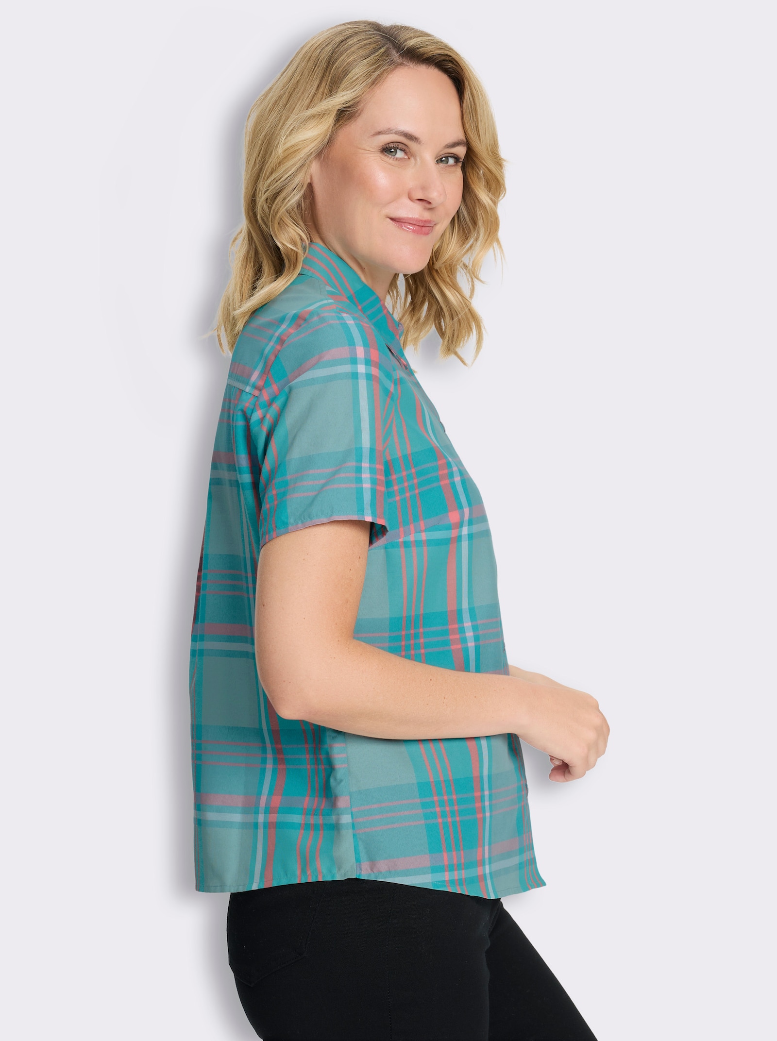 Kurzarm-Bluse - ozean-ecru-kariert