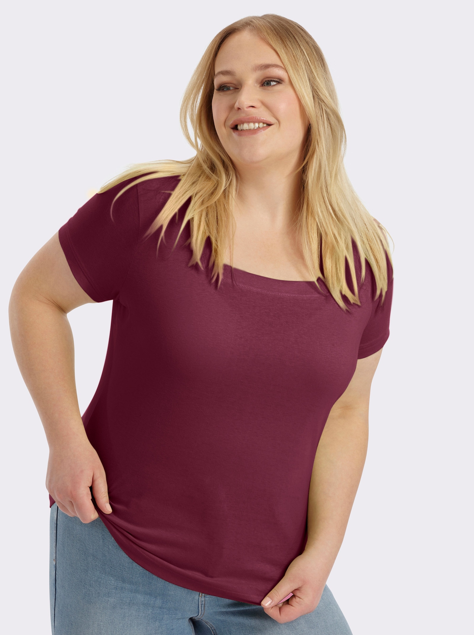 Kurzarmshirt mit Karree-Ausschnitt - bordeaux