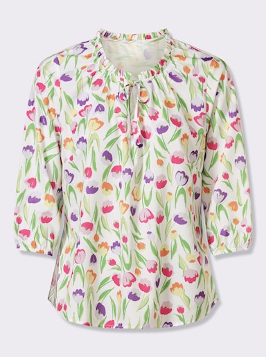 Schlupfbluse mit Tulpen-Druck - ecru-rosé-bedruckt