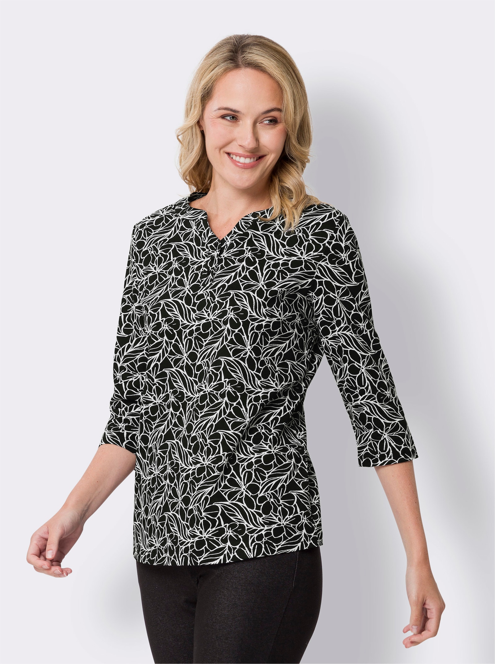 Shirt met 3/4-mouwen in bloemdessin - zwart/ecru geprint