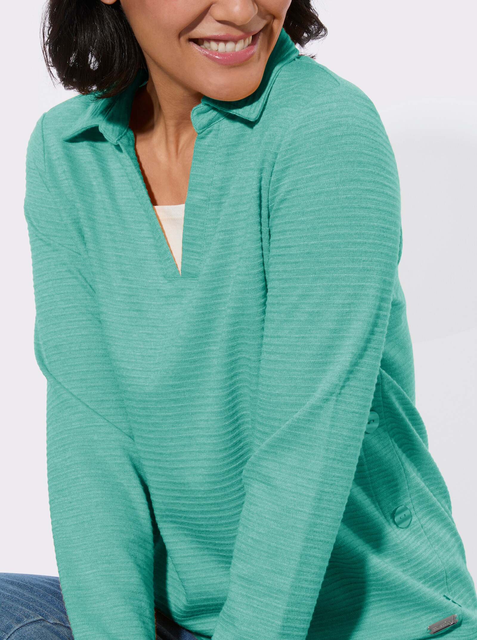 Poloshirt mit seitlicher Knopfleiste - smaragd-meliert