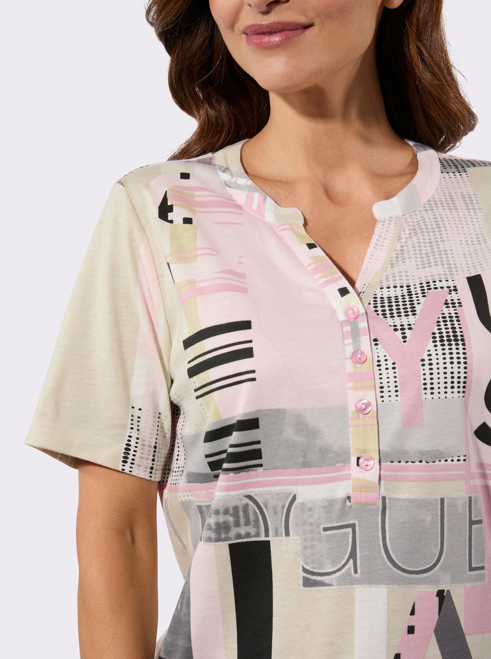 Kurzarmshirt im Baumwoll-Modal-Mix - hortensie-sand-bedruckt