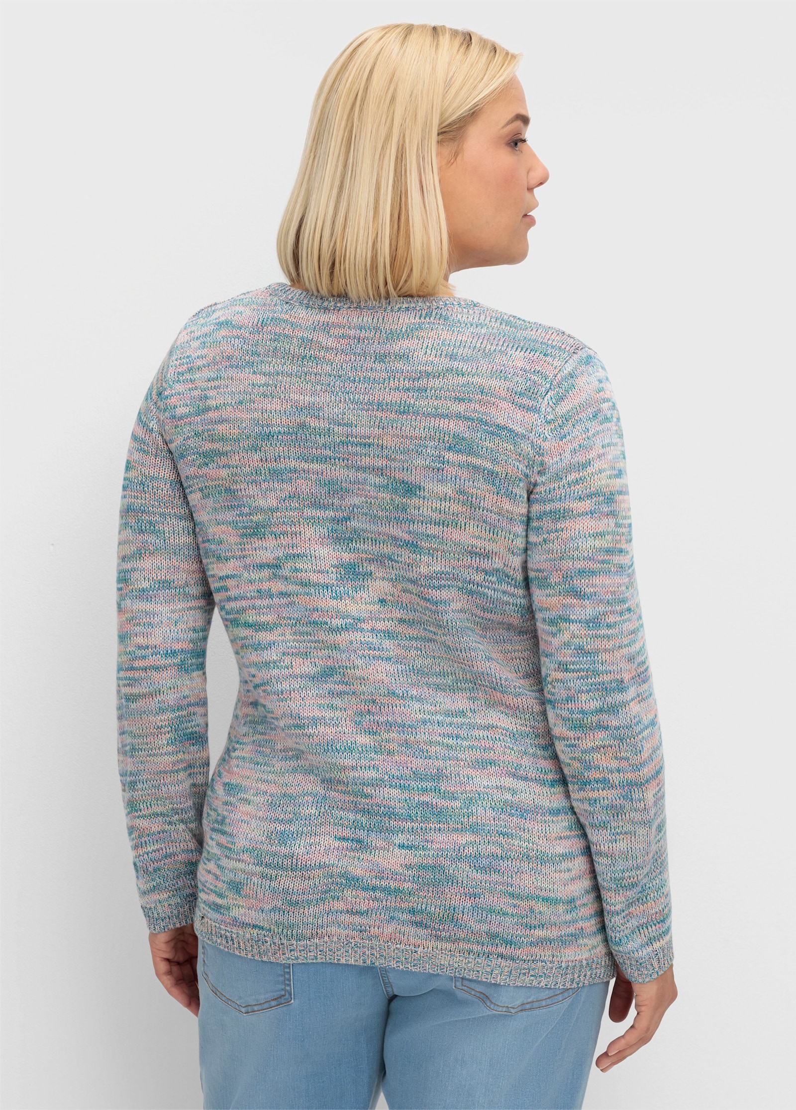 Langarm-Pullover aus Melange-Garn - mittelblau-flamingo-meliert