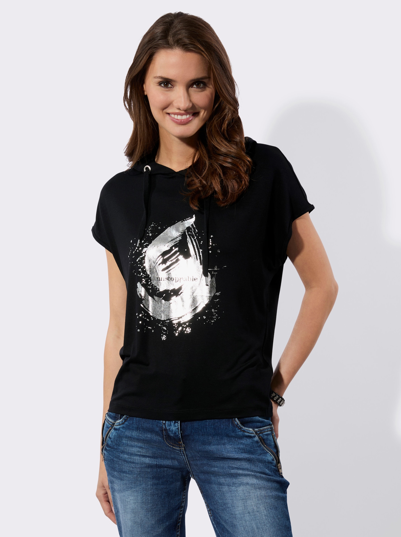 Shirt met capuchon en zilverkleurige print - zwart