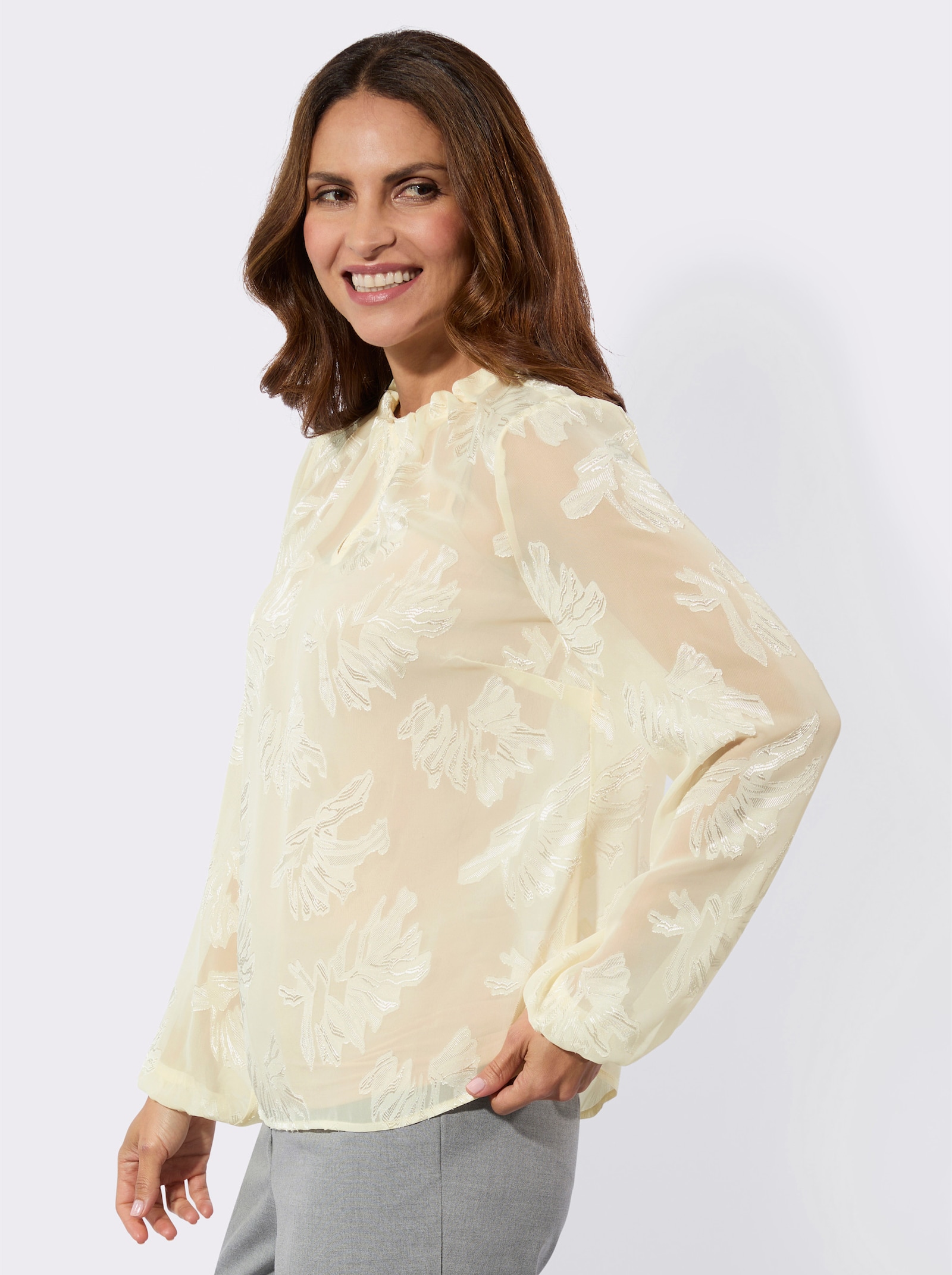 Langarm-Bluse mit Falten am Ausschnitt - champagner