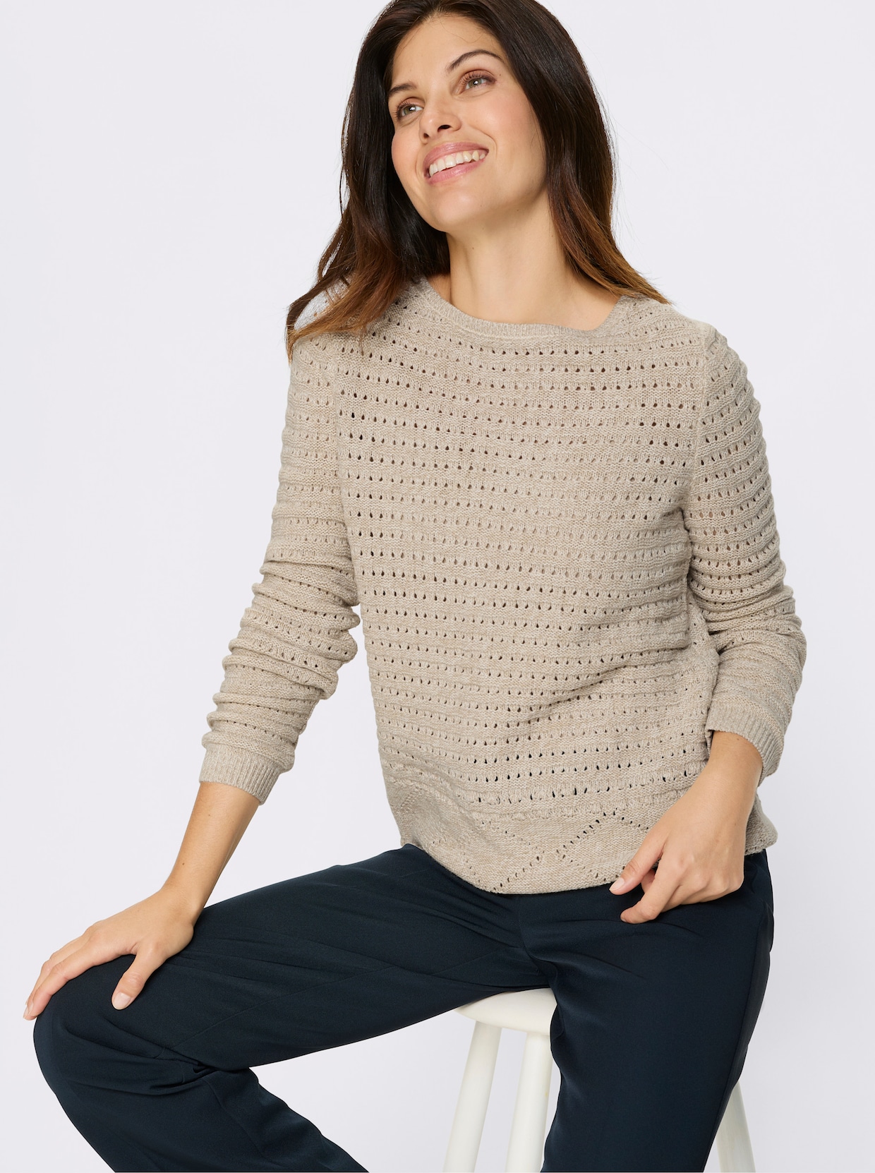 Ajourpullover - sand-ecru-meliert