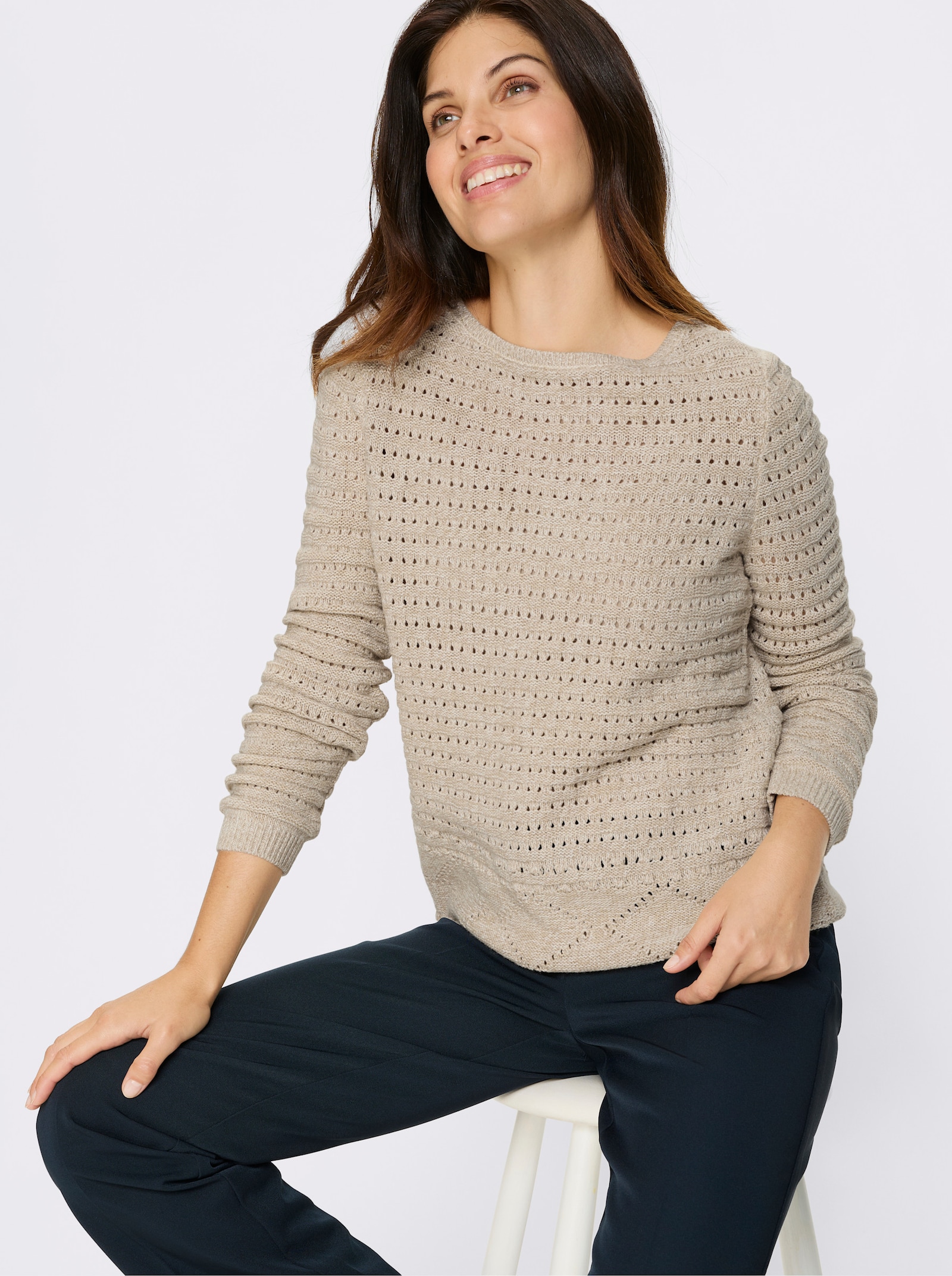 Ažúr. pulóver, malanž.vzhľad - pies./écru melír.