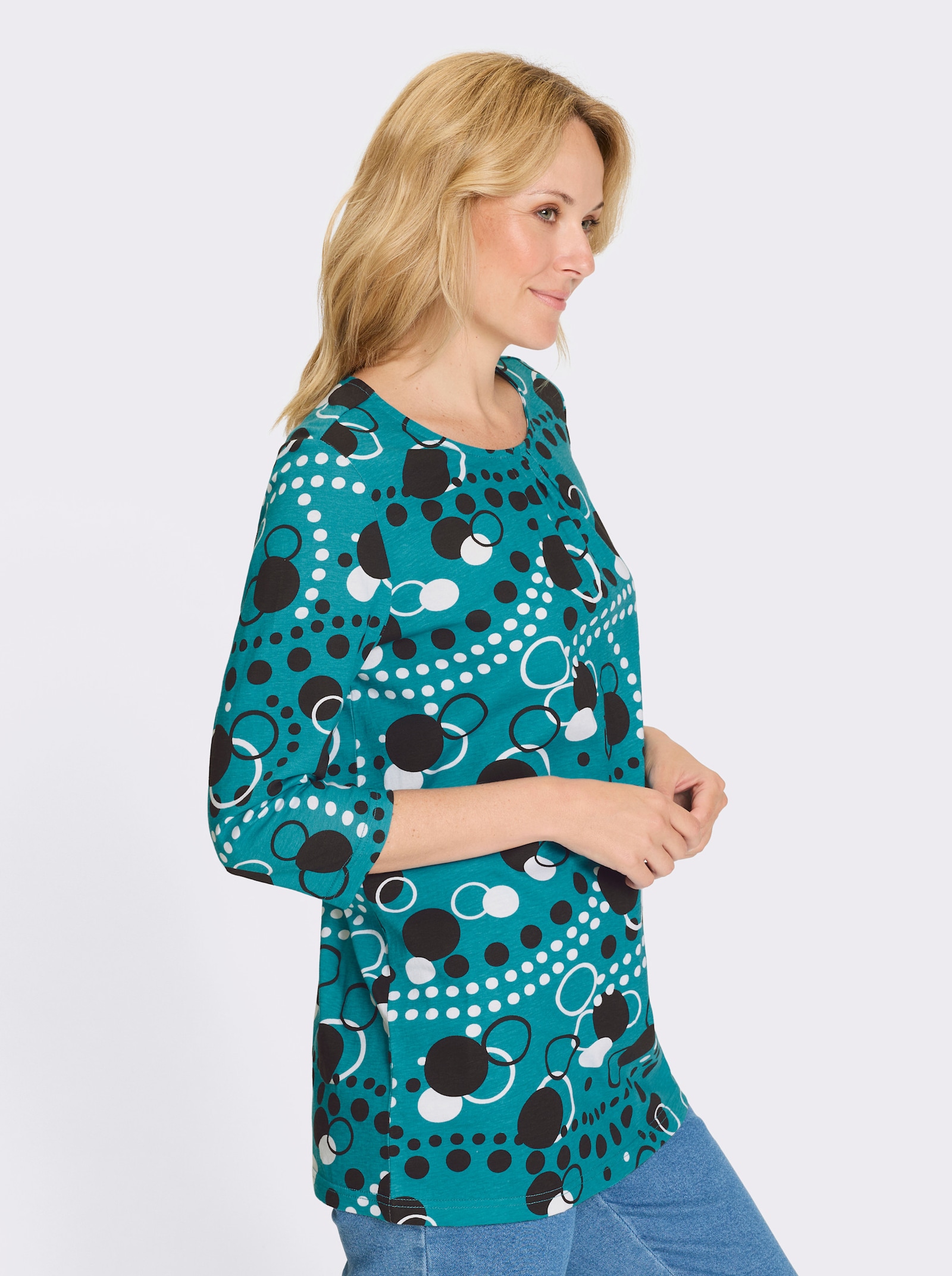 Longshirt in leicht ausgestellter Form - türkis-schwarz-bedruckt