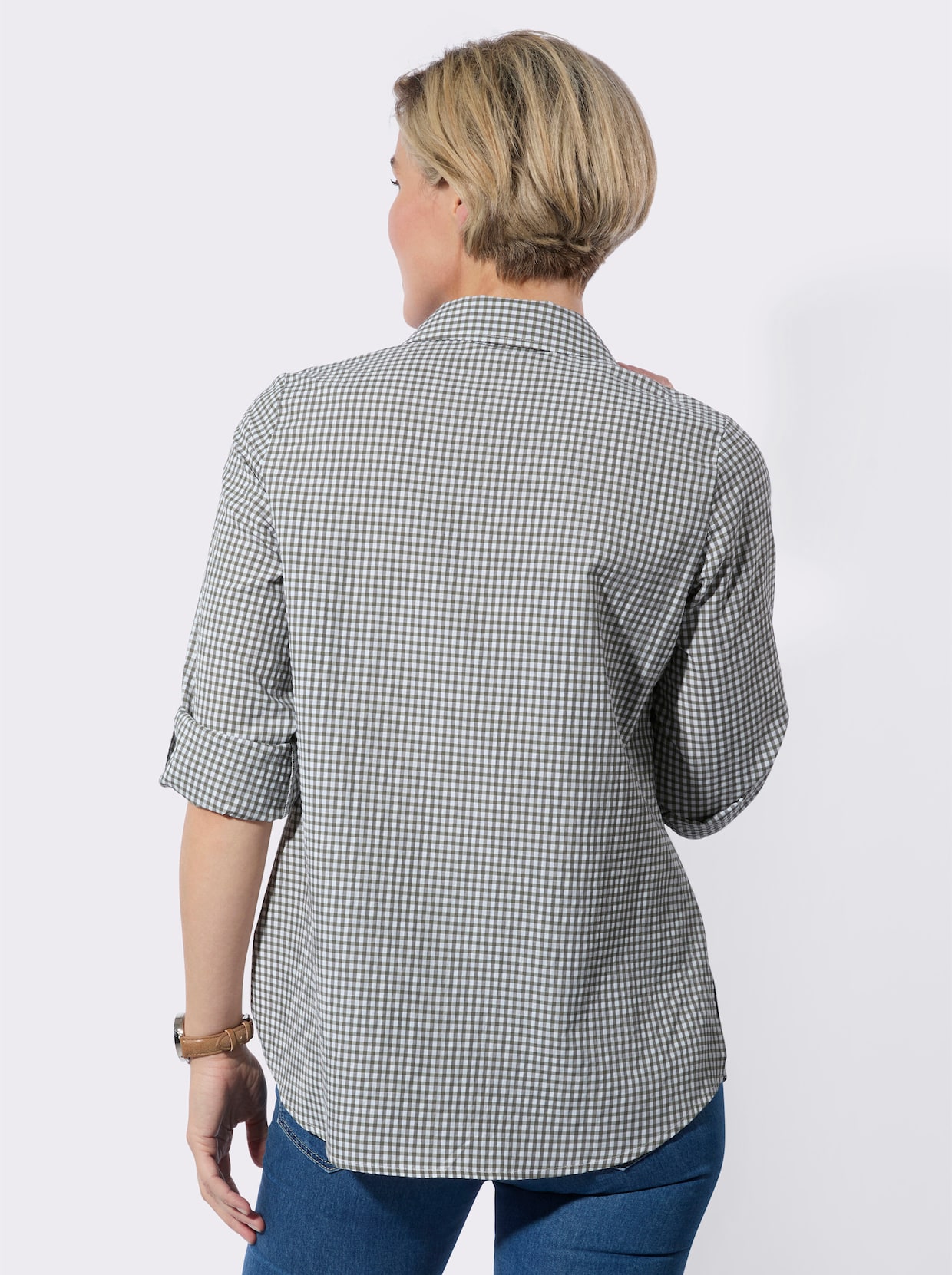 Longbluse - khaki-weiß-kariert
