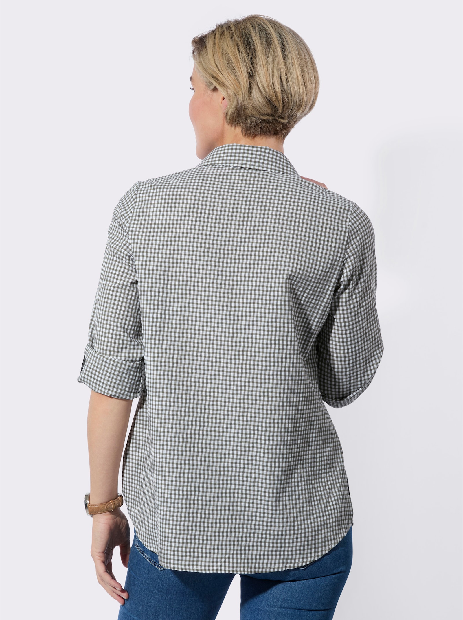 Longbluse im pflegeleichten Materialmix - khaki-weiss-kariert