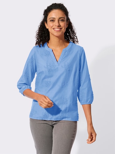 Baumwollbluse mit 3D-Blütenstickerei - himmelblau