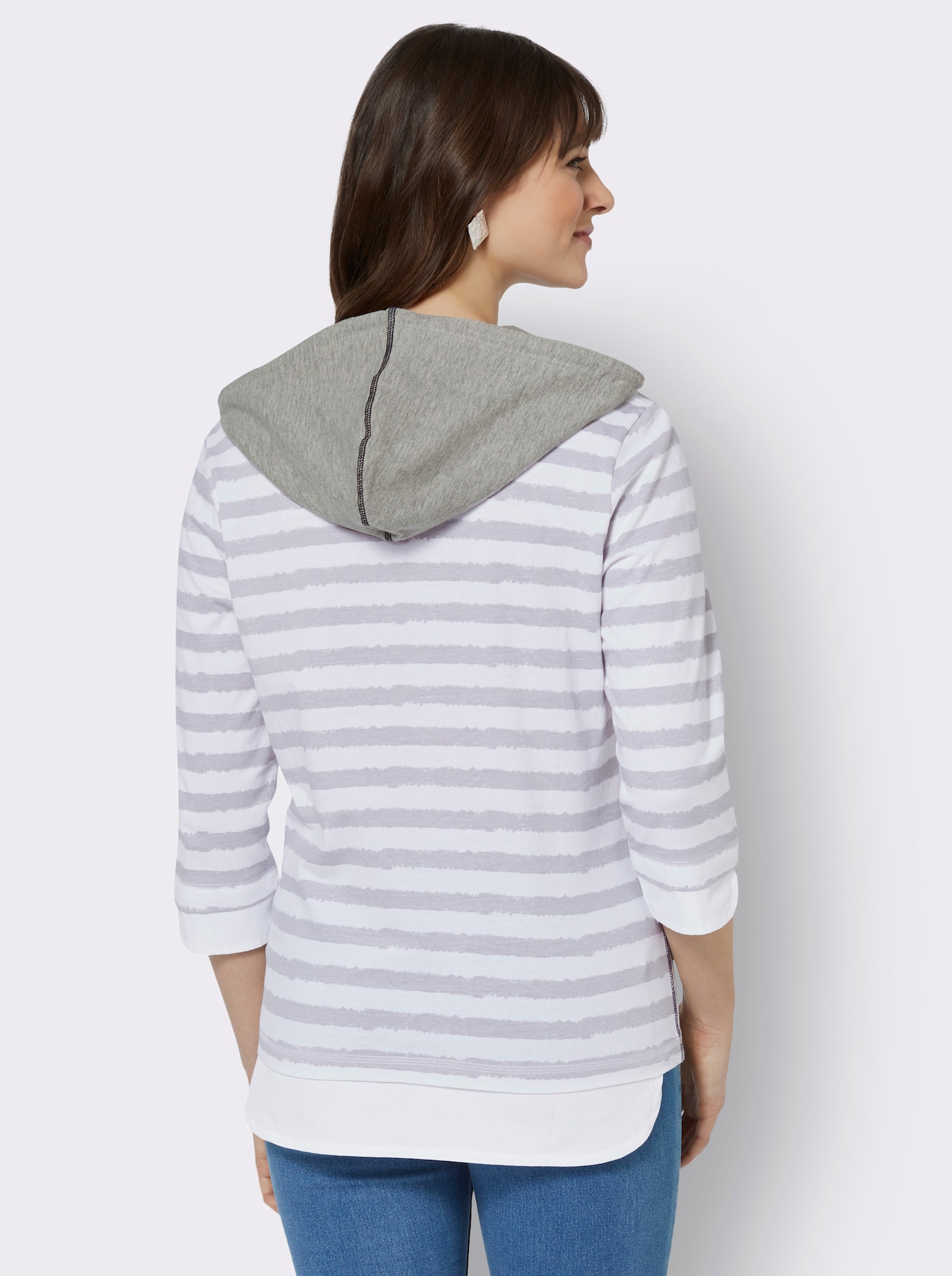 T-shirt à manches 3/4 avec capuche - blanc-gris clair imprimé