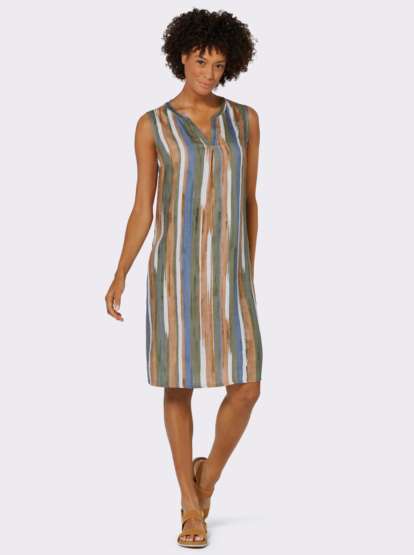 Sommerkleid mit V-Ausschnitt - khaki-camel-bedruckt