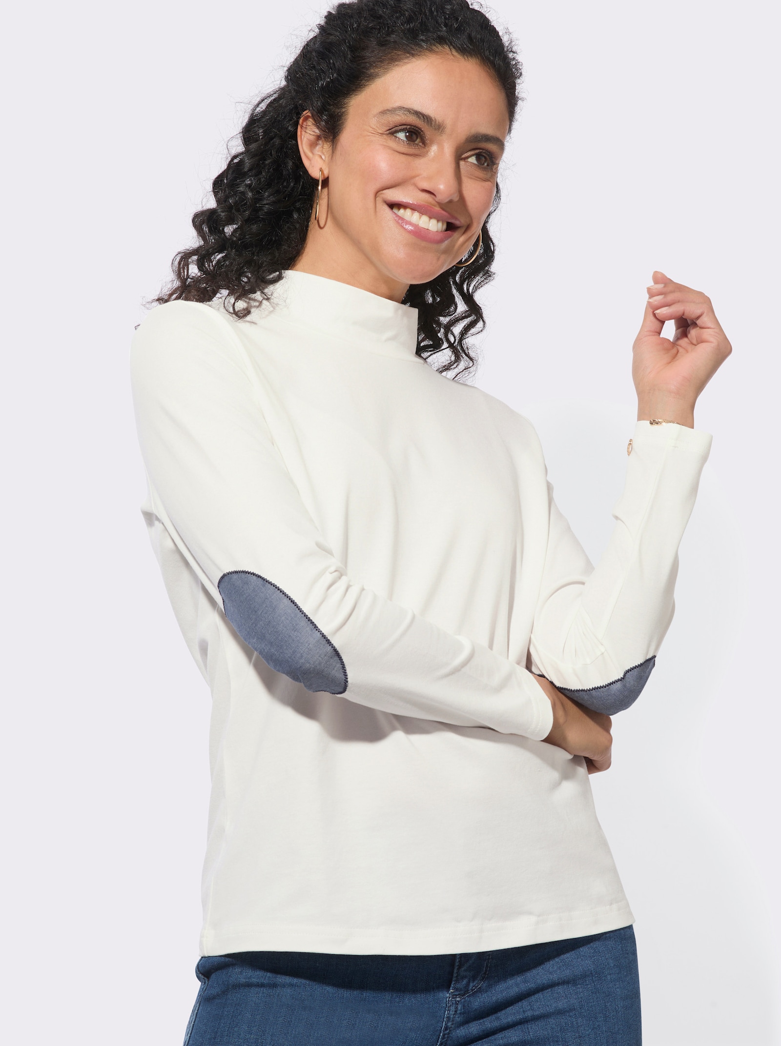 Stehkragenshirt mit Ellbogen-Patches in Jeans-Optik - ecru