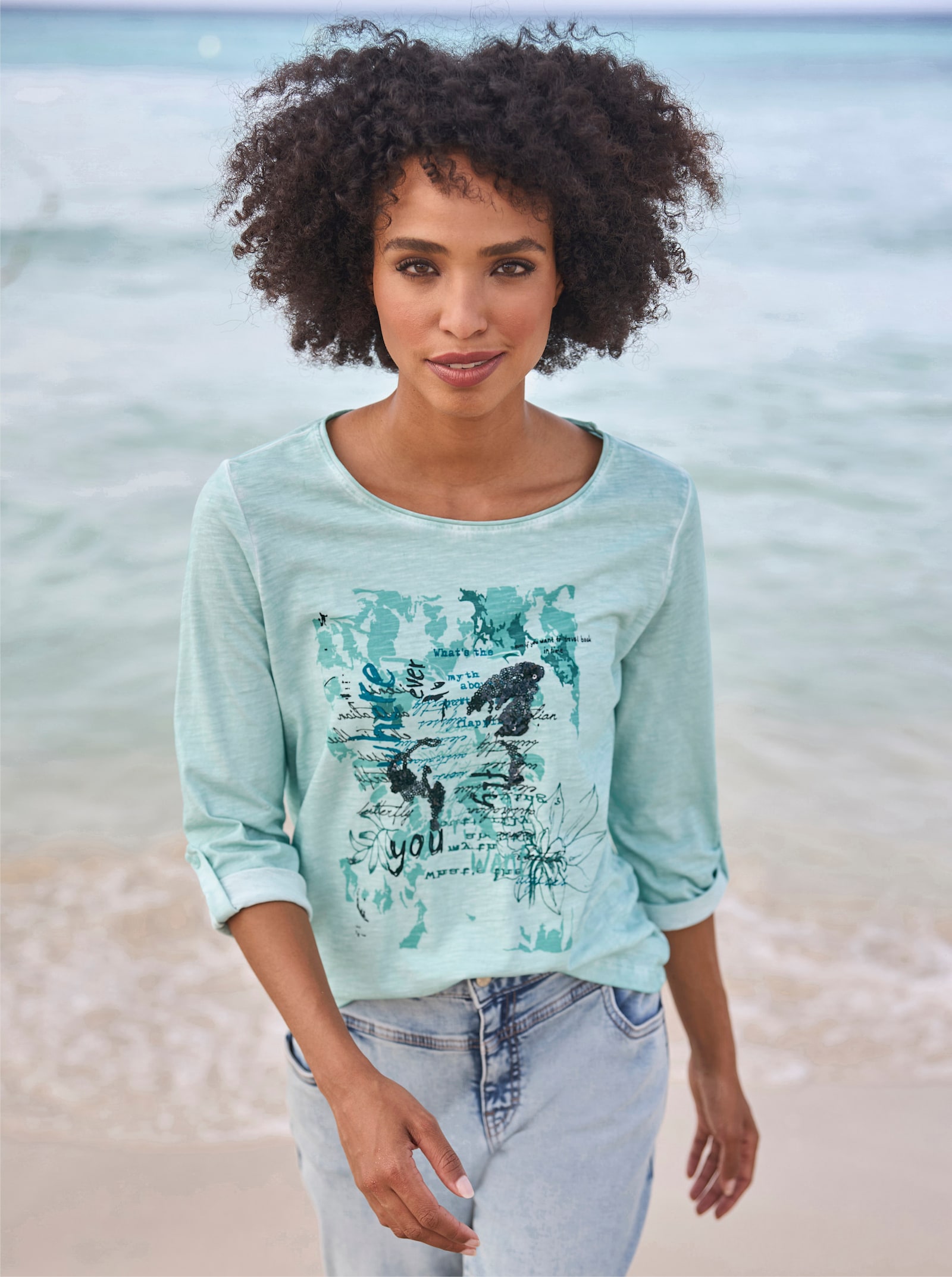 heine Print-Shirt mit Pailletten - kalkmint