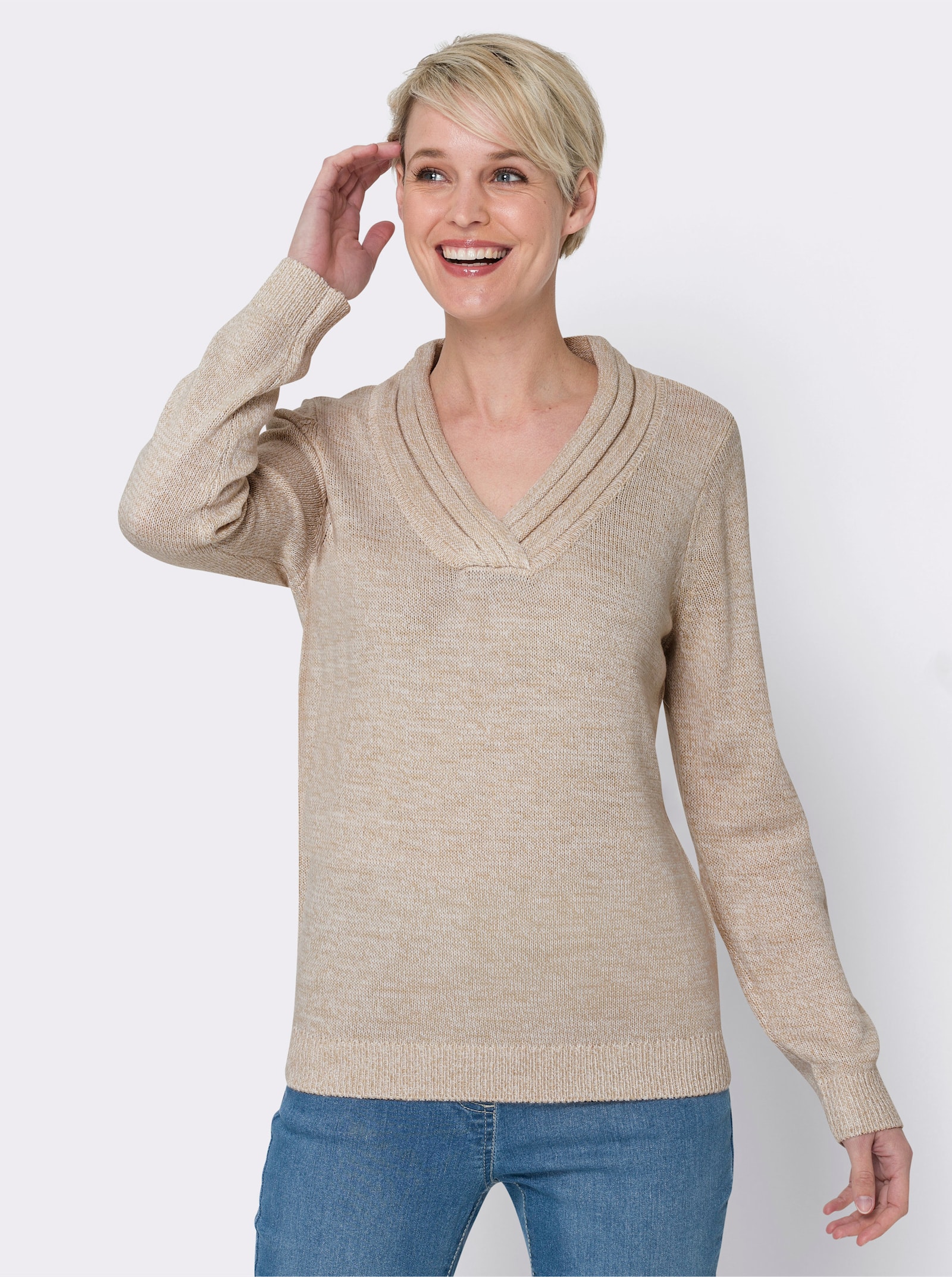 V-Ausschnitt-Pullover mit Rollkante - beige-meliert
