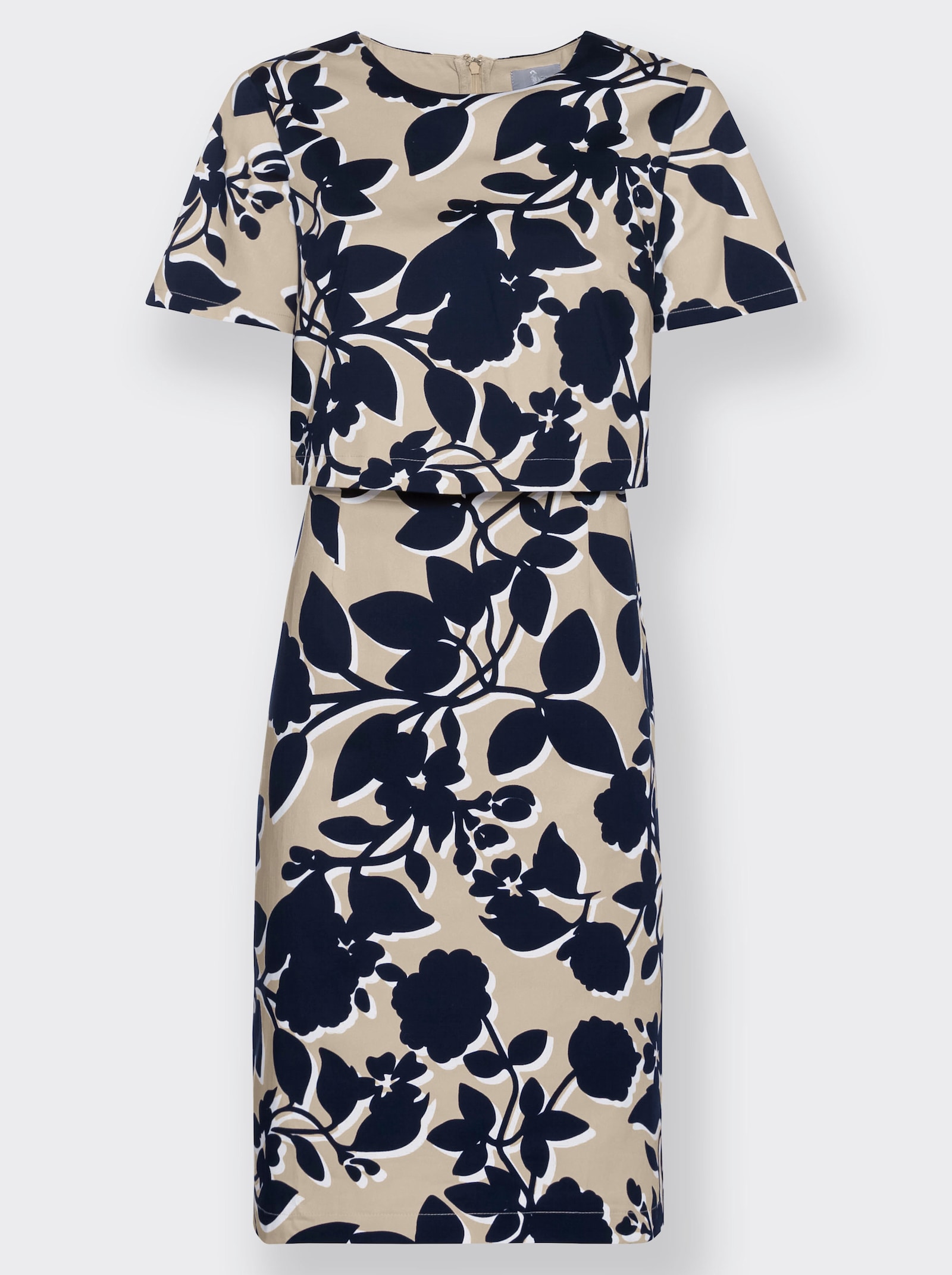 Druckkleid aus glänzendem Baumwoll-Satin - sand-marine-bedruckt