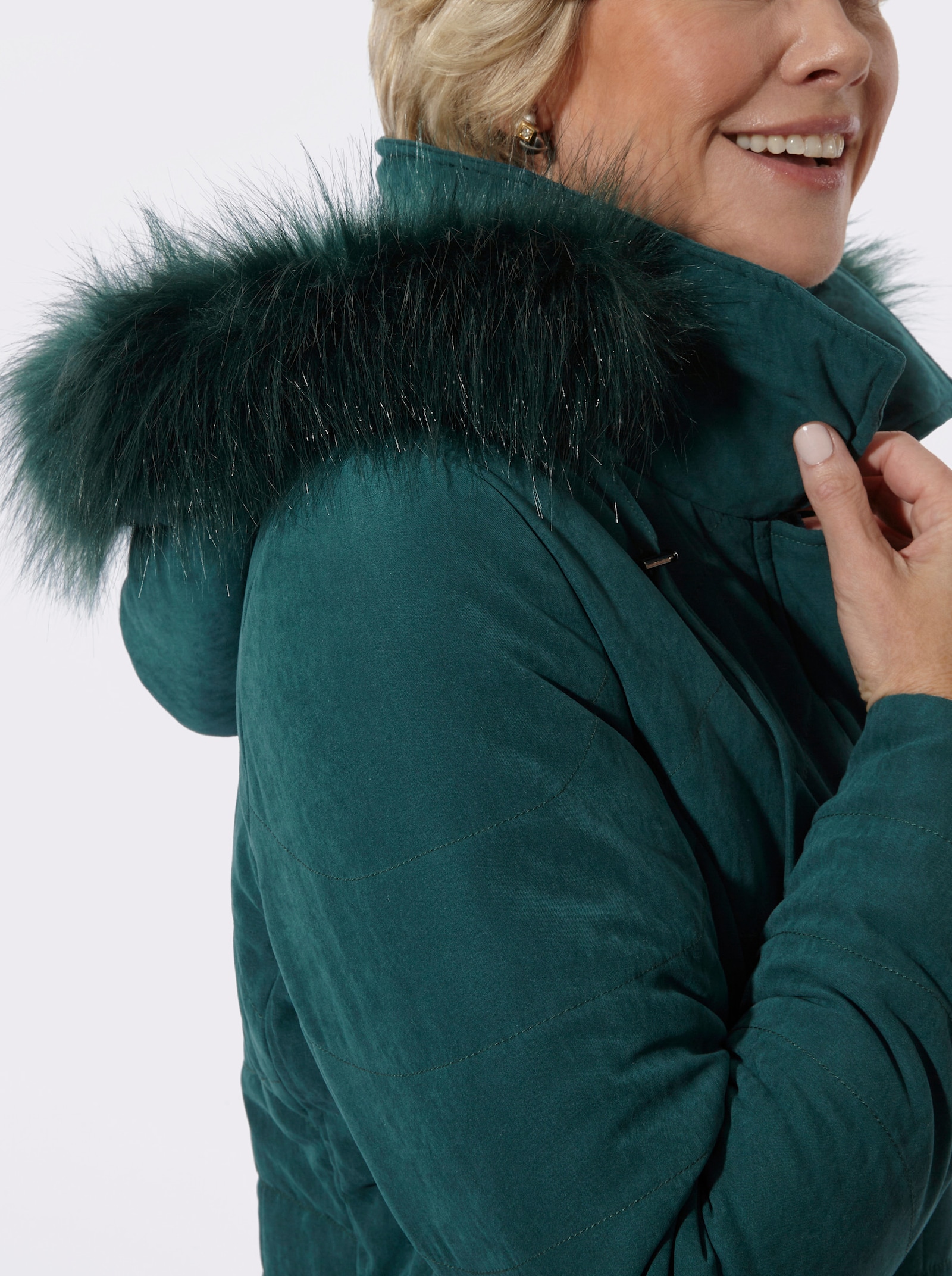 Kapuzenjacke Pelz-Imitat-Besatz - petrol