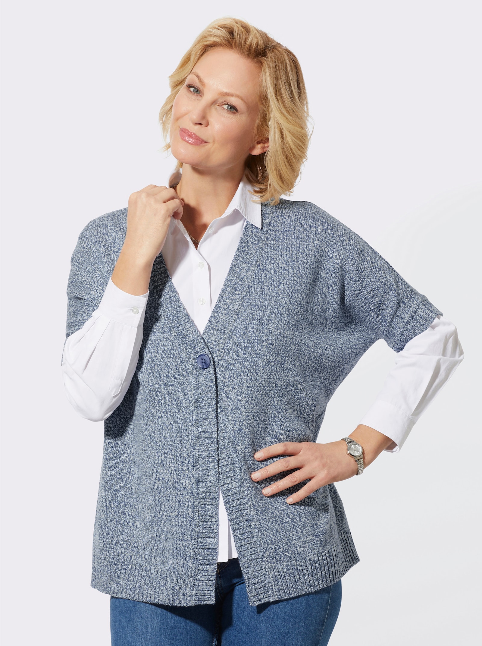 Strickweste in Melange-Optik - rauchblau-ecru-meliert